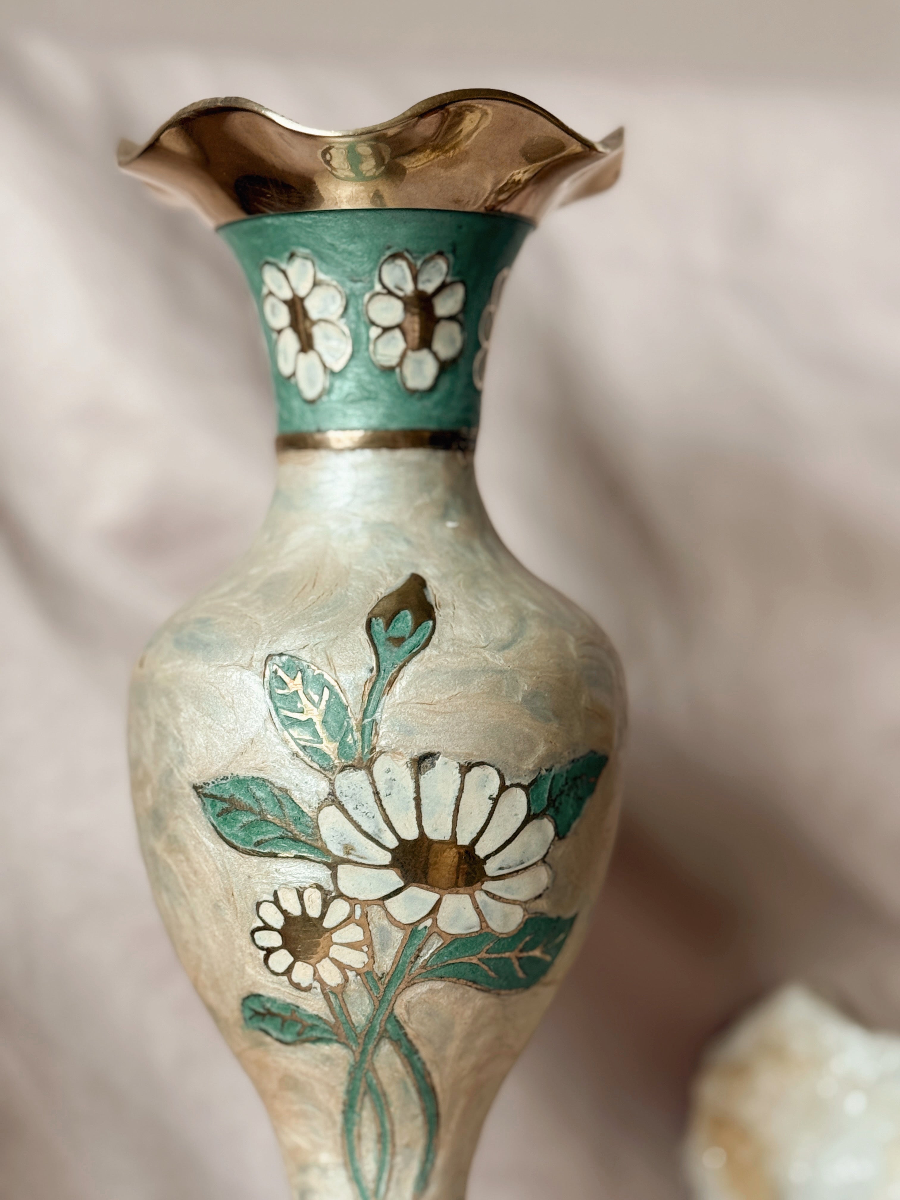 Vintage Large Brass + Enamel Floral Vase