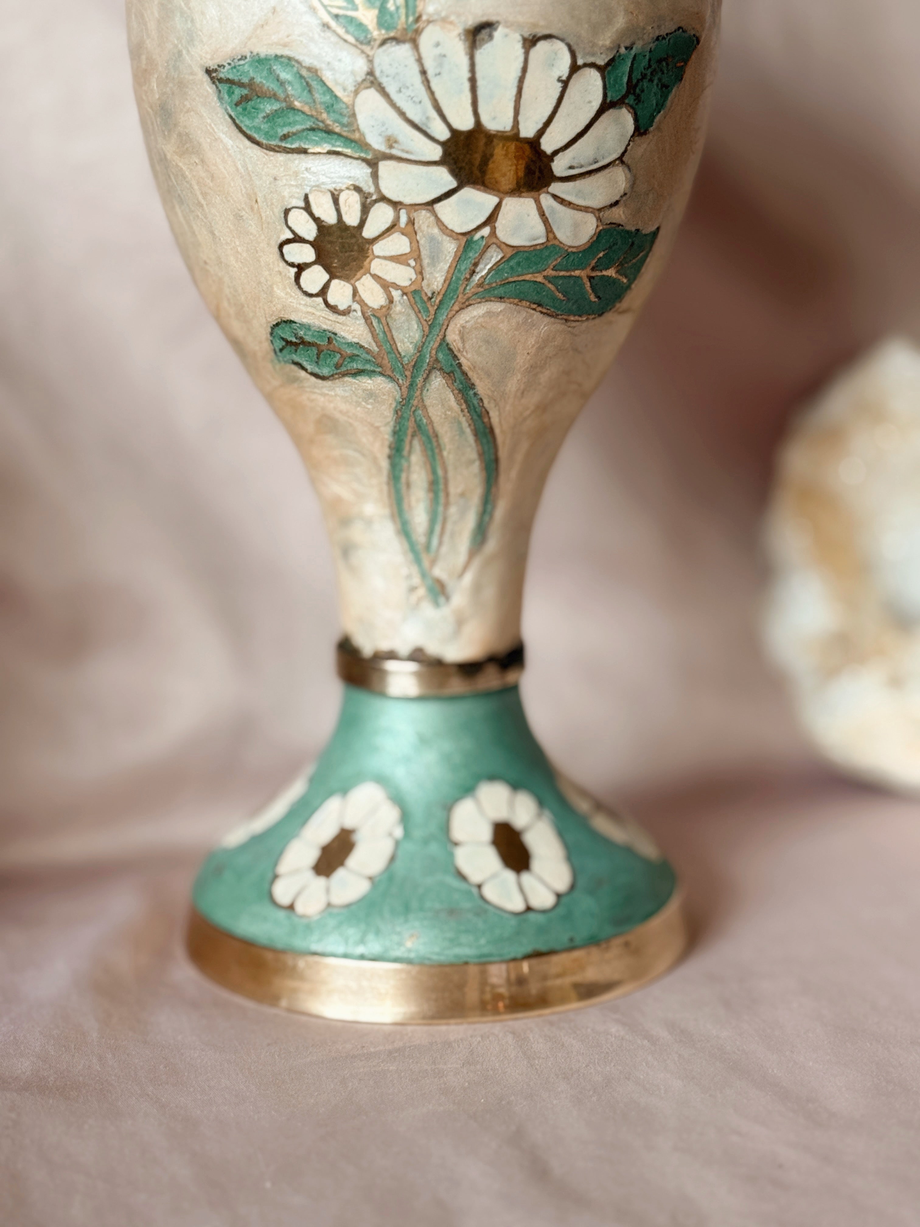 Vintage Large Brass + Enamel Floral Vase