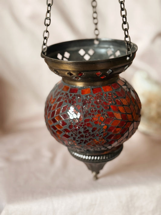 Vintage Mosaic Red + Orange Hanging Glass Lantern (UK ONLY)