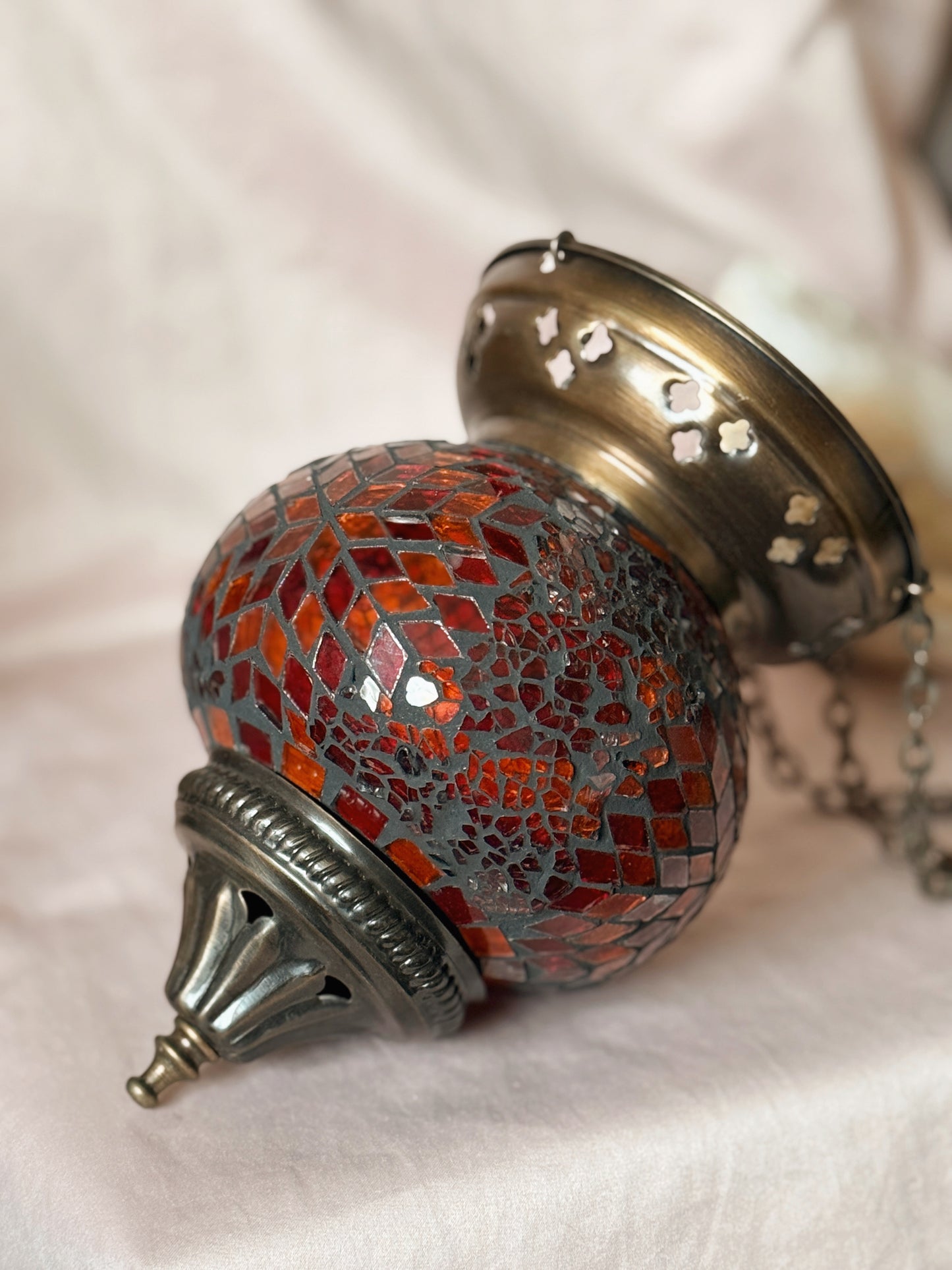 Vintage Mosaic Red + Orange Hanging Glass Lantern (UK ONLY)