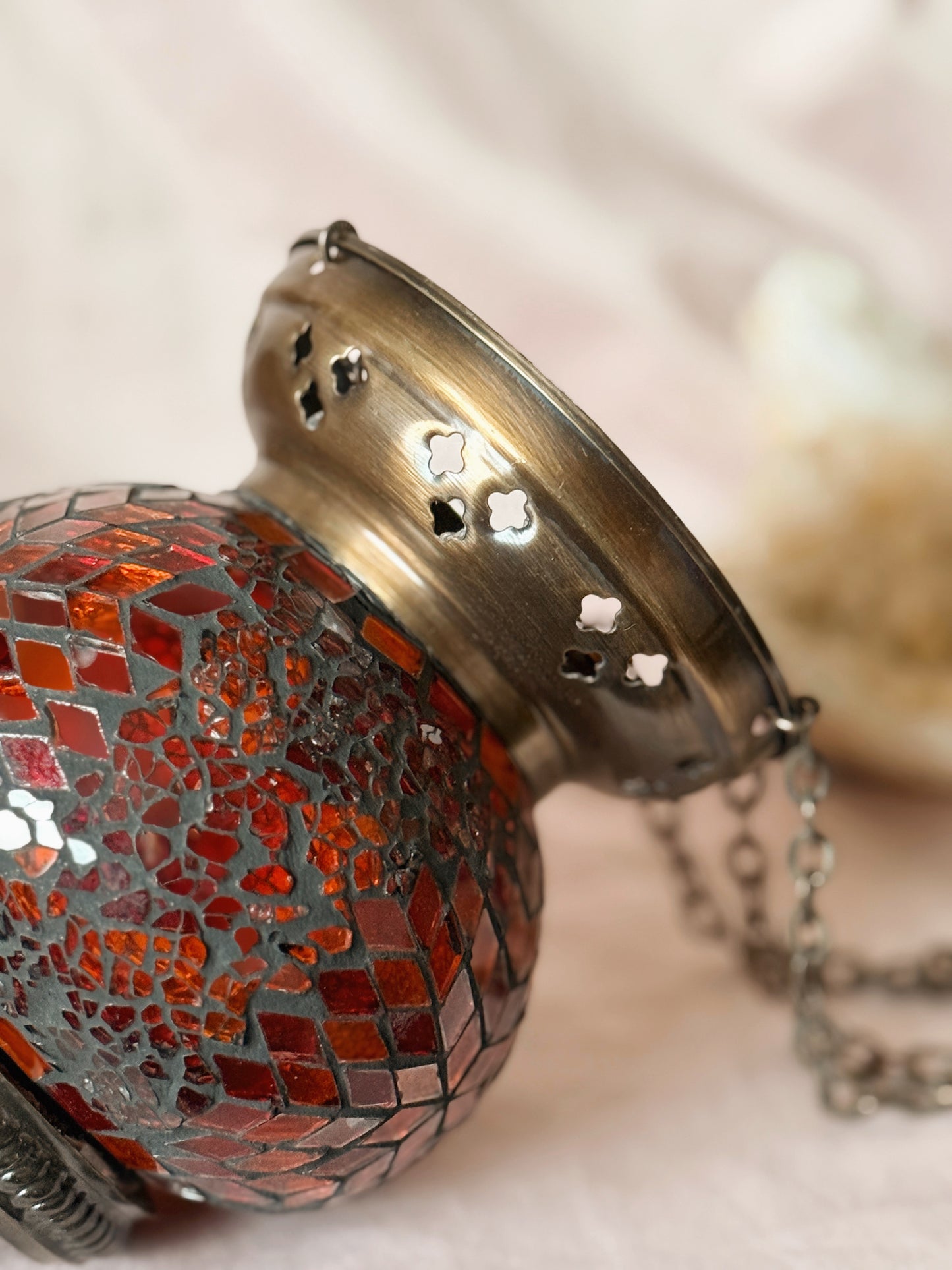 Vintage Mosaic Red + Orange Hanging Glass Lantern (UK ONLY)