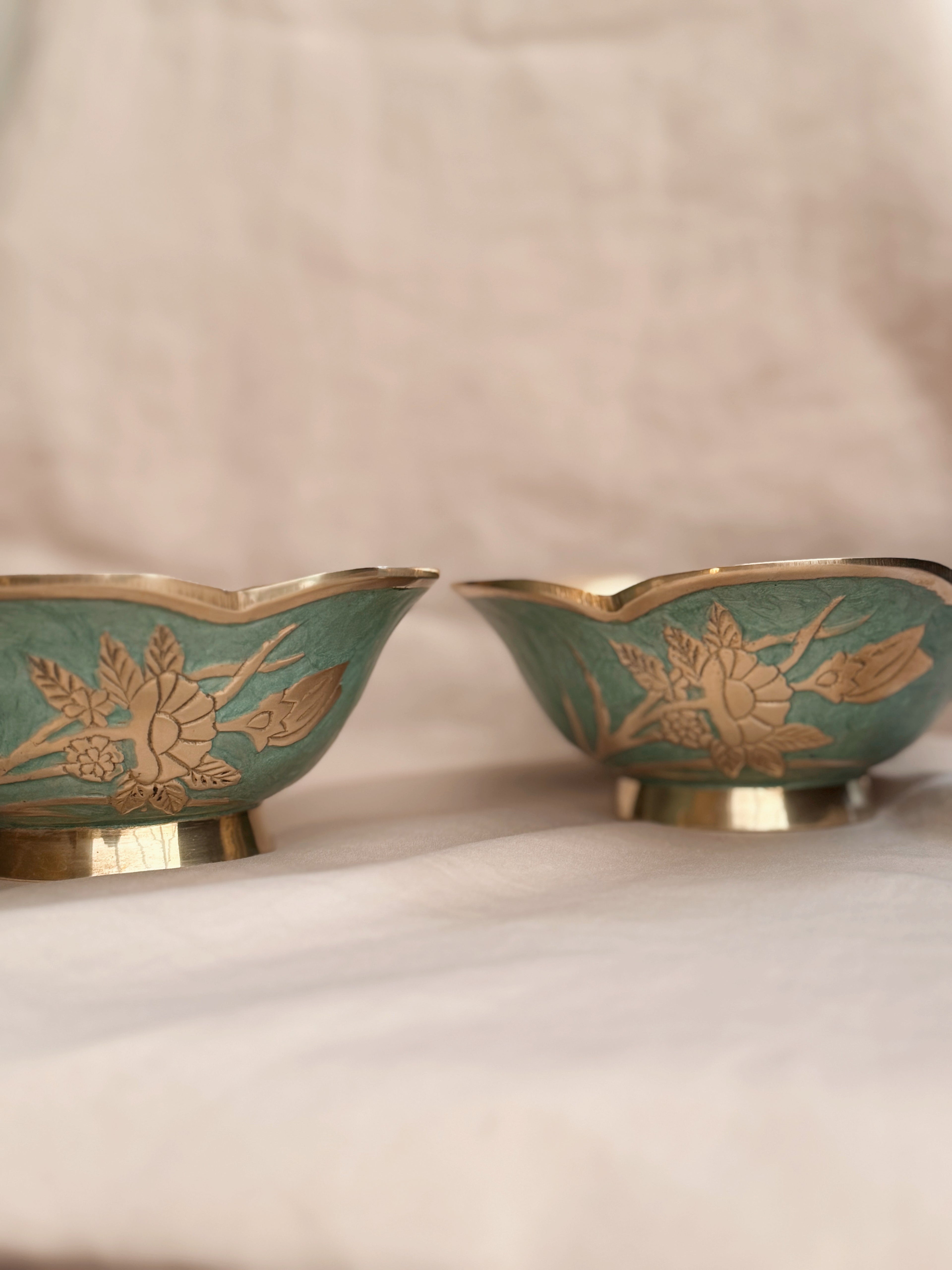 Vintage Brass + Enamel Blue Floral Trinket Bowl