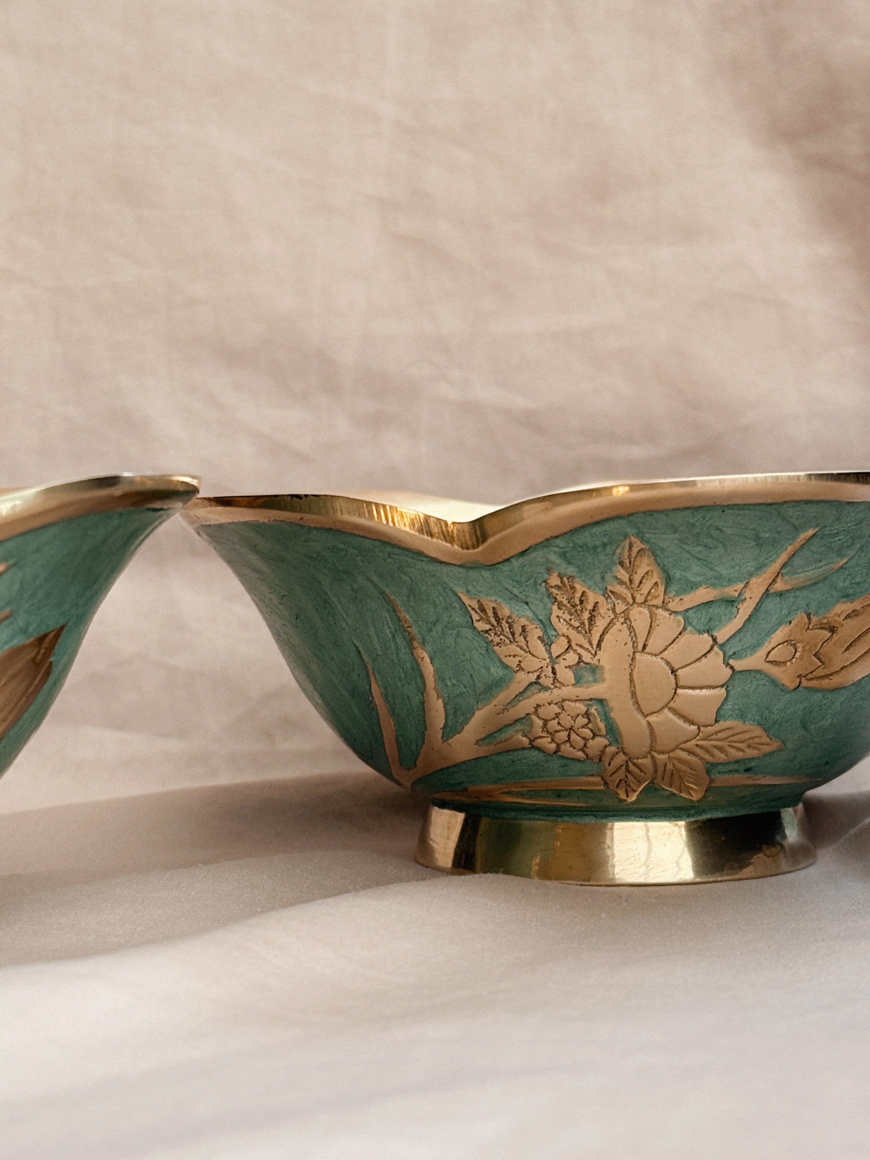 Vintage Brass + Enamel Blue Floral Trinket Bowl