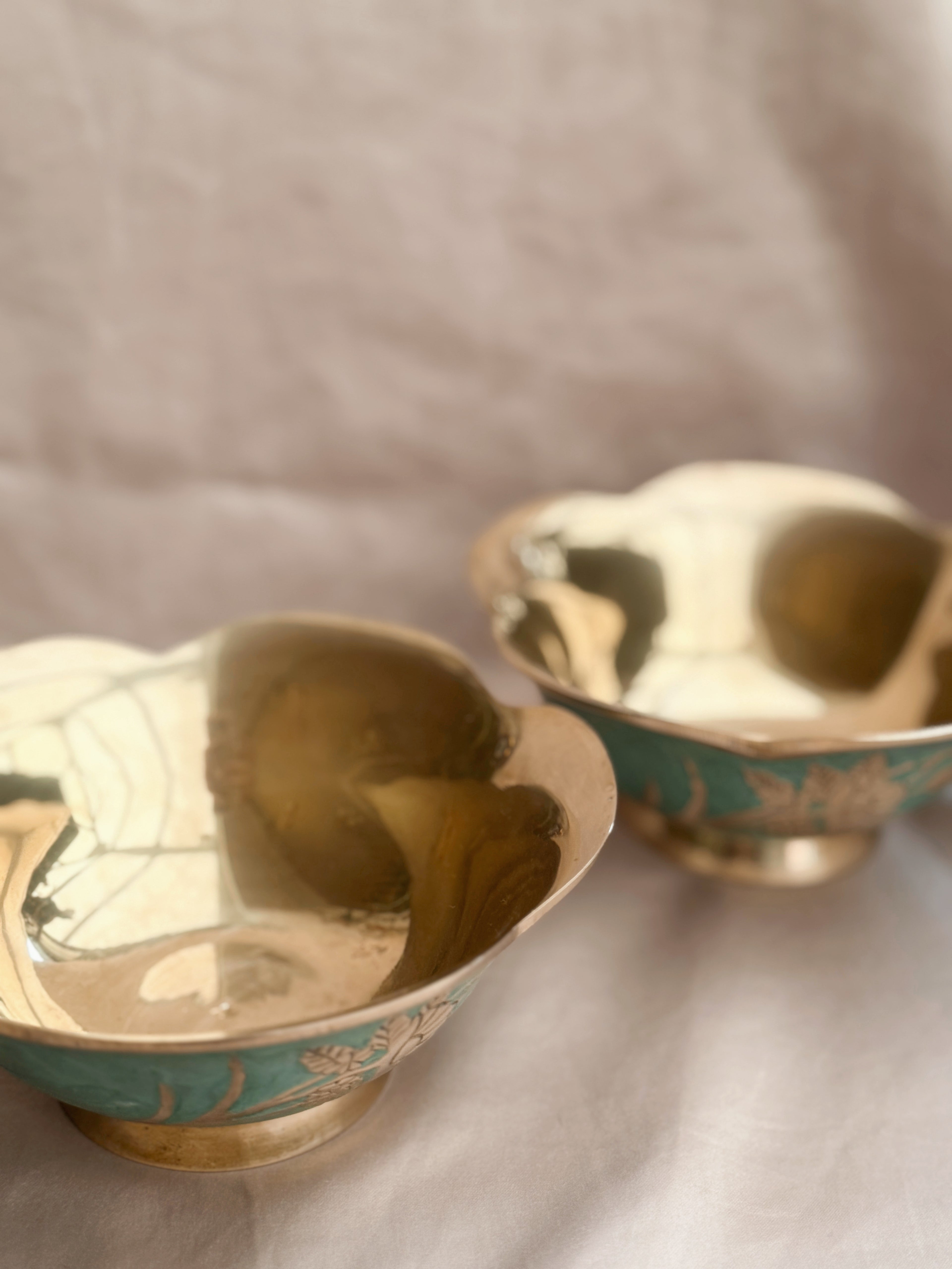 Vintage Brass + Enamel Blue Floral Trinket Bowl