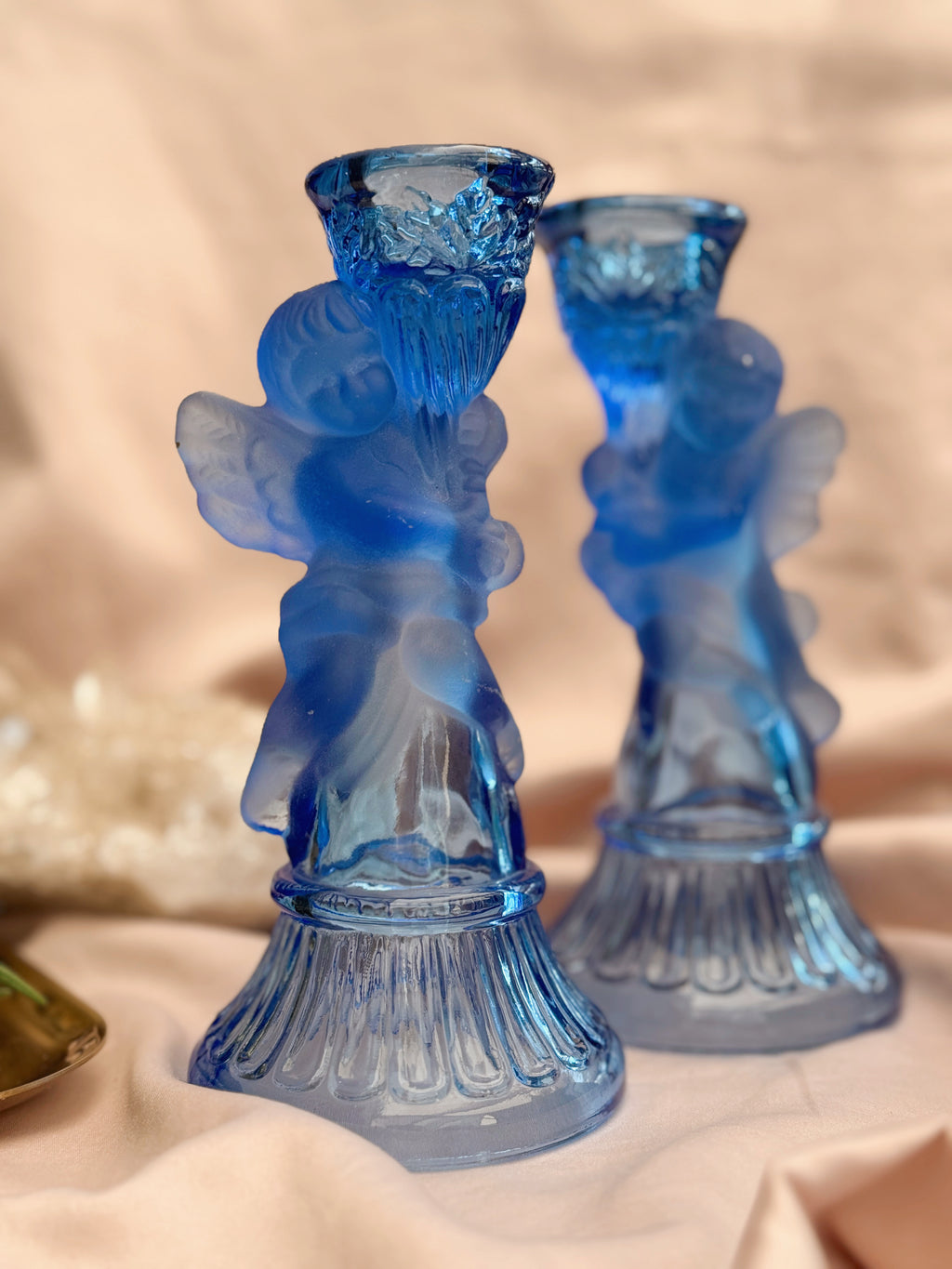 Vintage Blue Glass Pair of Cherub Candlestick Holders