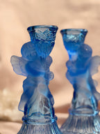 Vintage Blue Glass Pair of Cherub Candlestick Holders