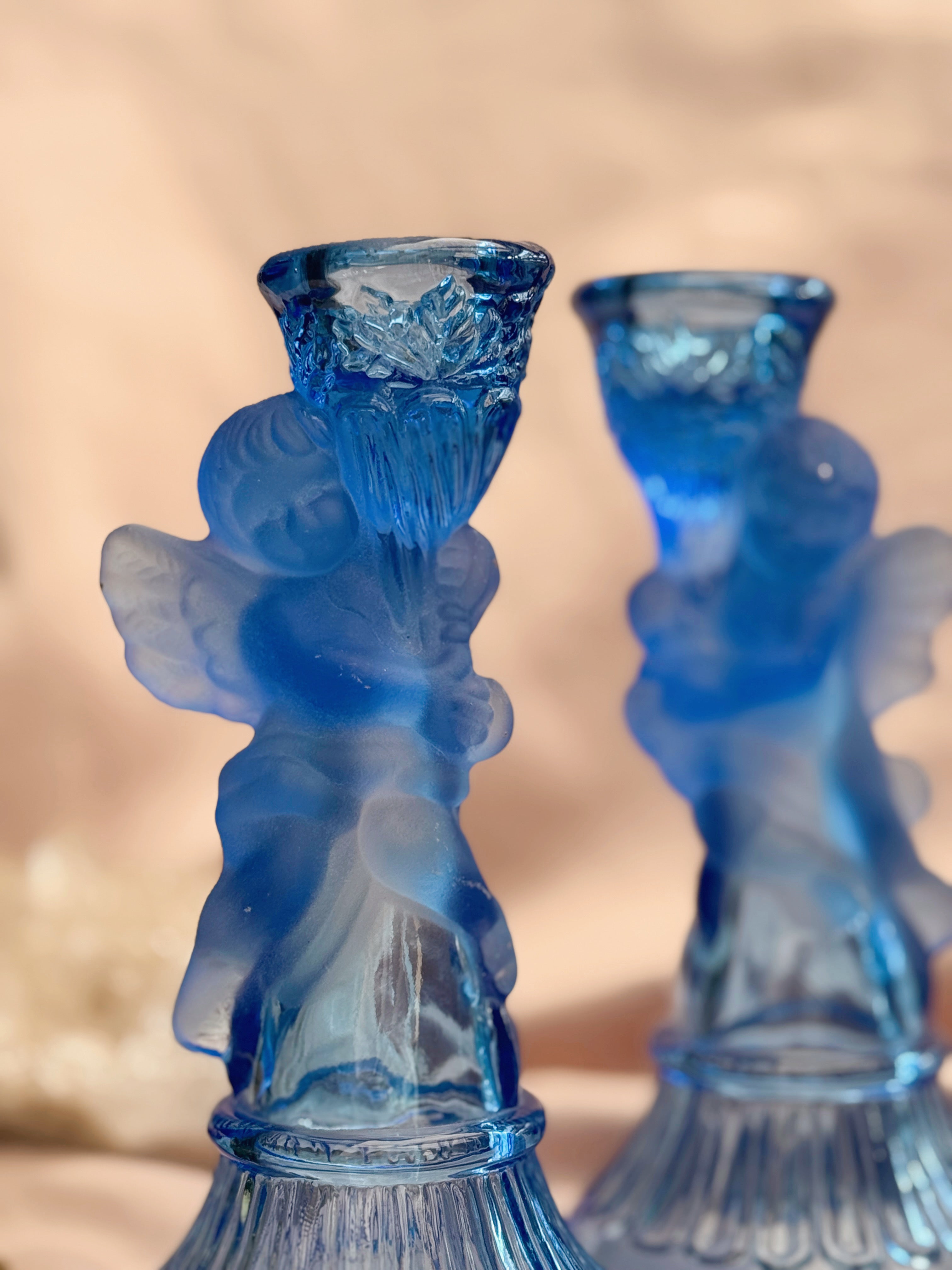 Vintage Blue Glass Pair of Cherub Candlestick Holders