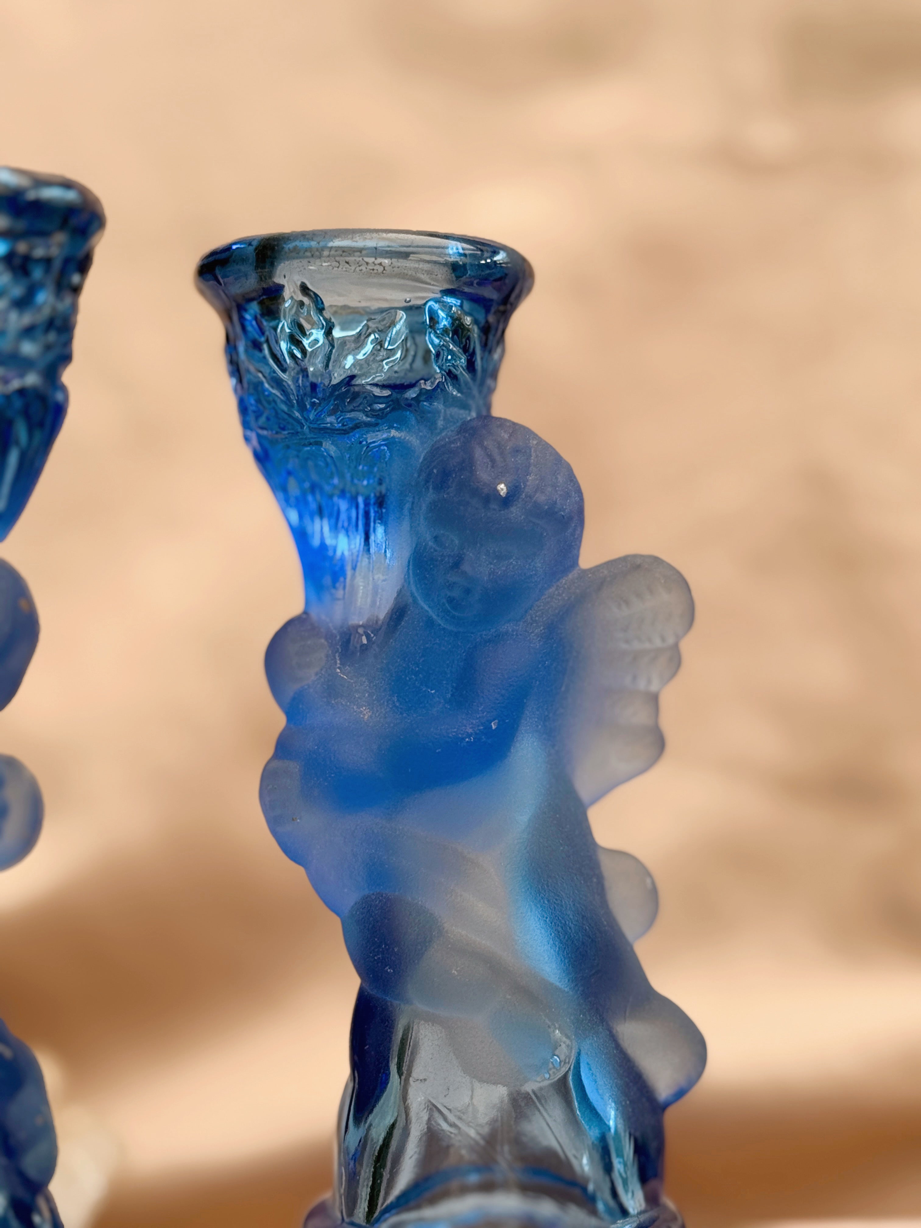 Vintage Blue Glass Pair of Cherub Candlestick Holders