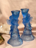 Vintage Blue Glass Pair of Cherub Candlestick Holders