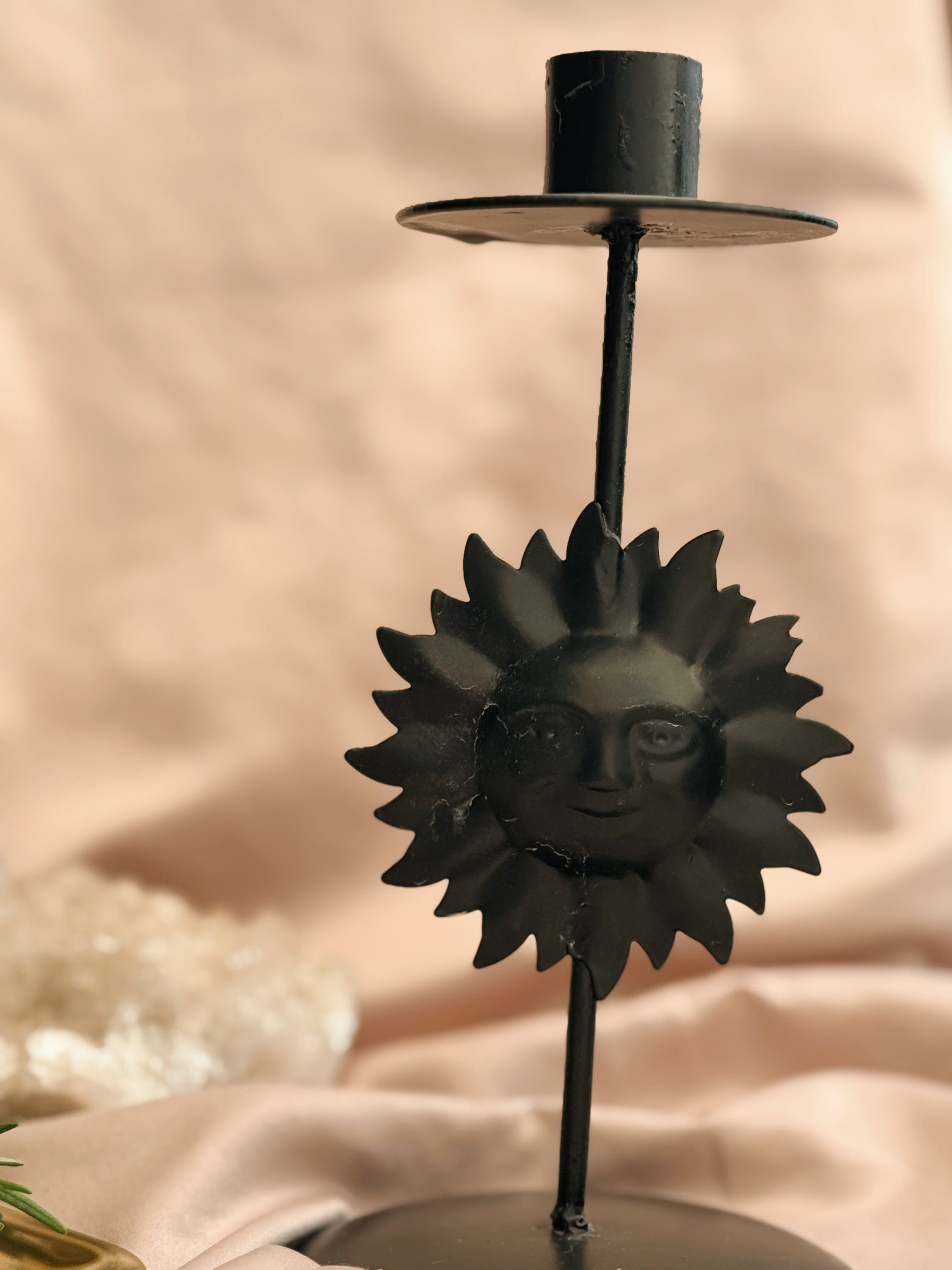 Vintage Black Metal Sun Candlestick Holder