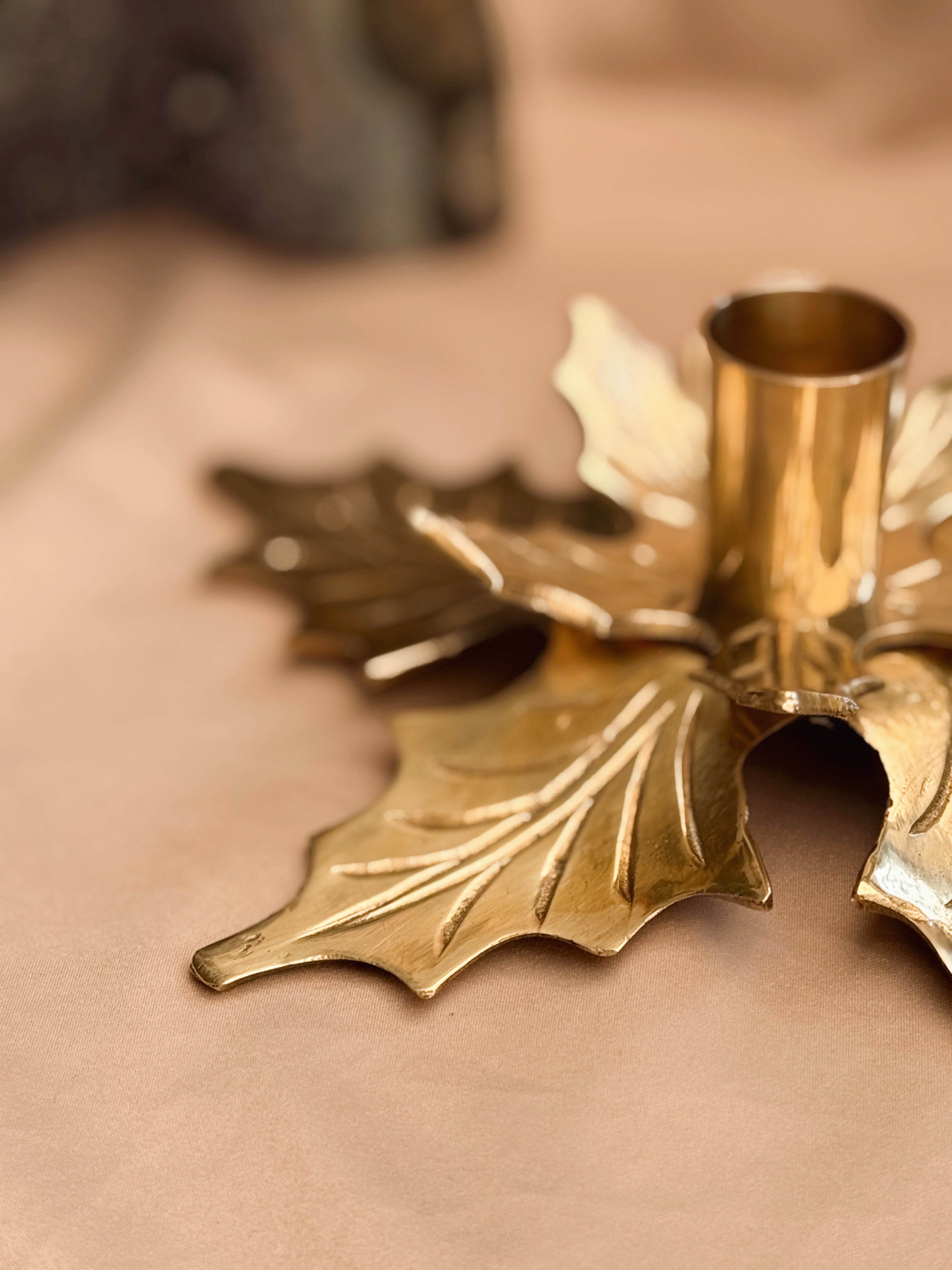 Vintage Large Brass Holly Candlestick Holder