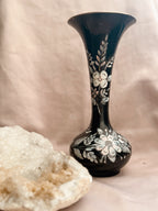 Vintage Brass + Enamel Black Floral Vase