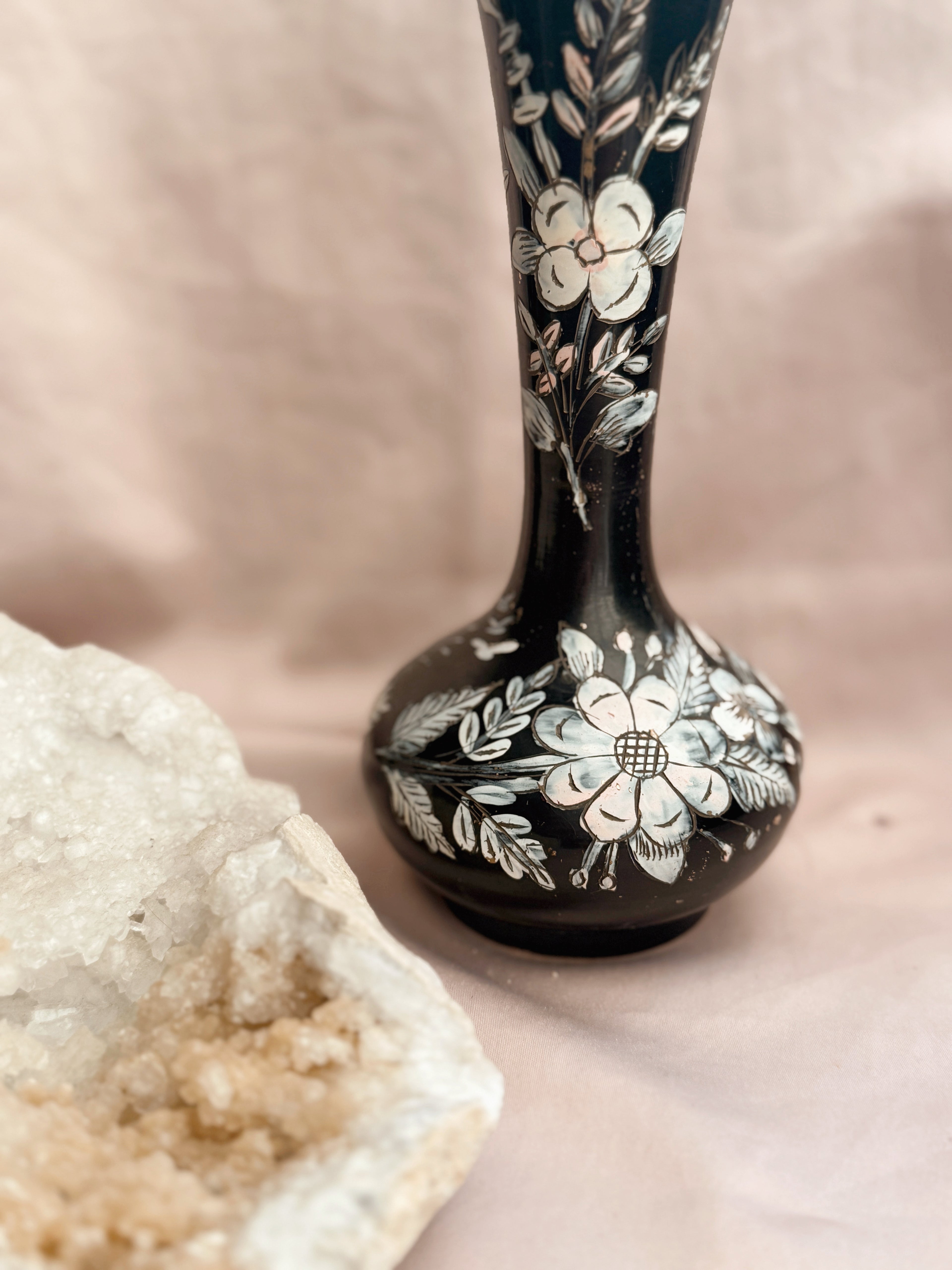Vintage Brass + Enamel Black Floral Vase