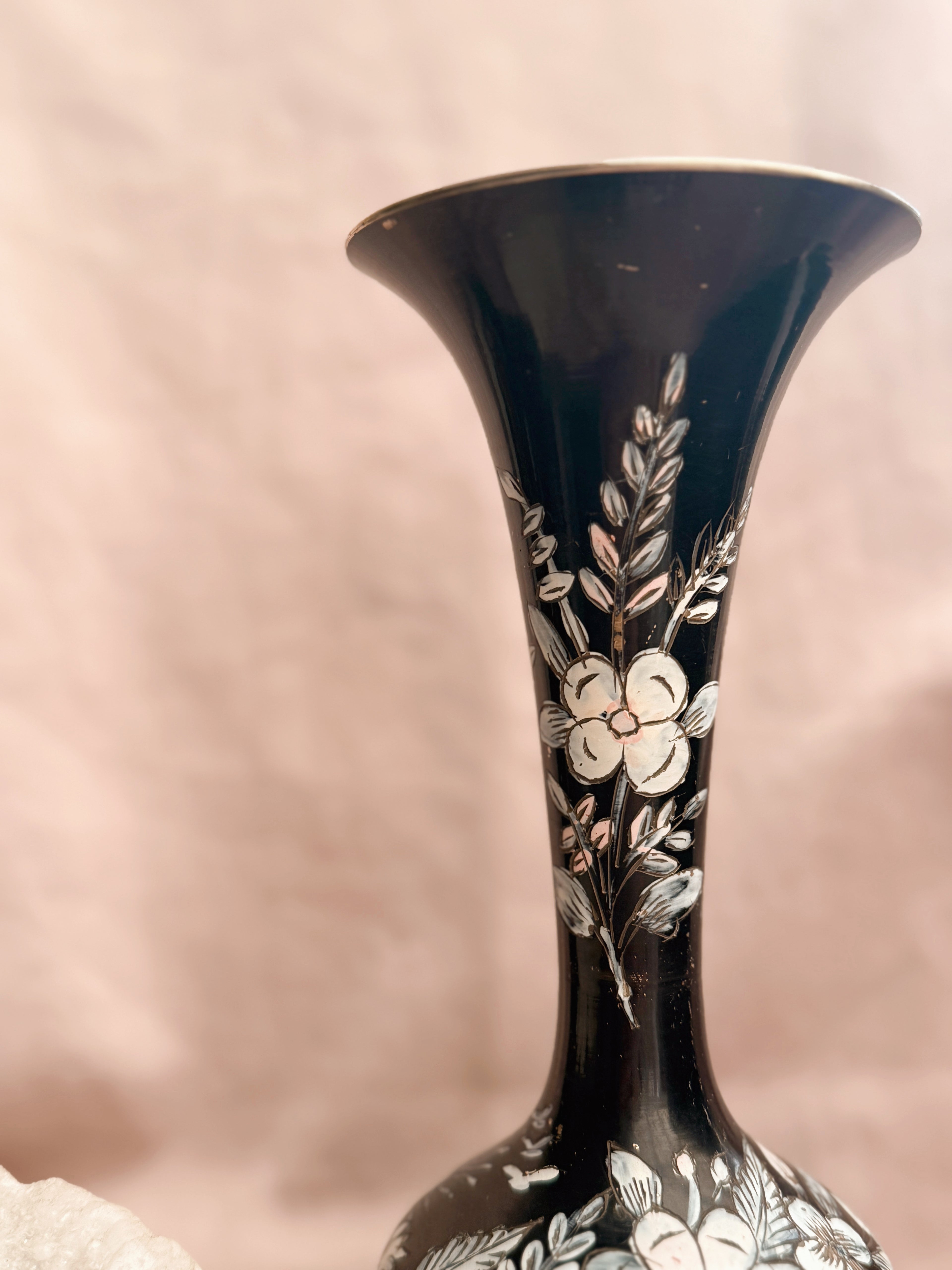Vintage Brass + Enamel Black Floral Vase