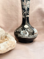 Vintage Brass + Enamel Black Floral Vase