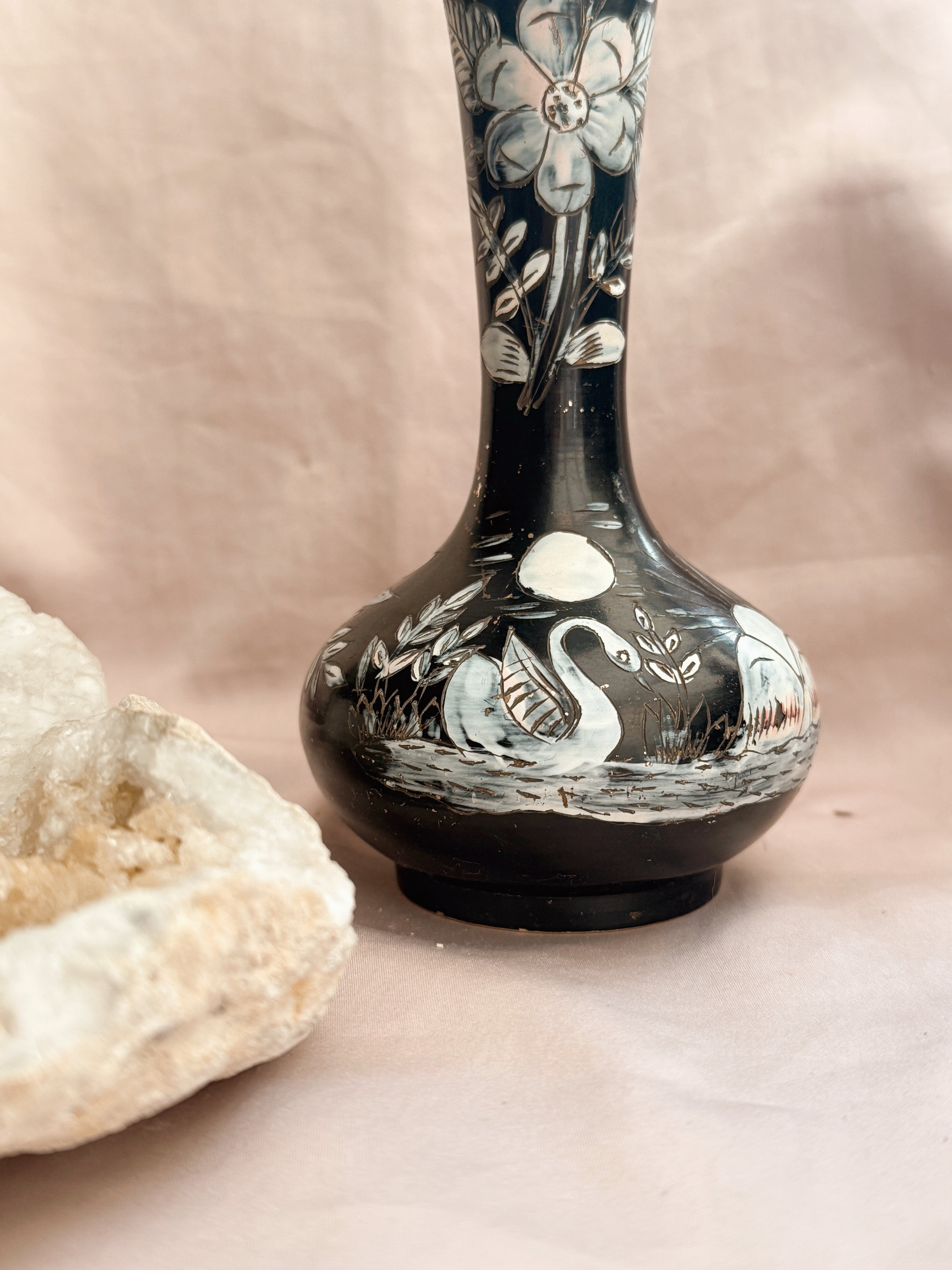 Vintage Brass + Enamel Black Floral Vase