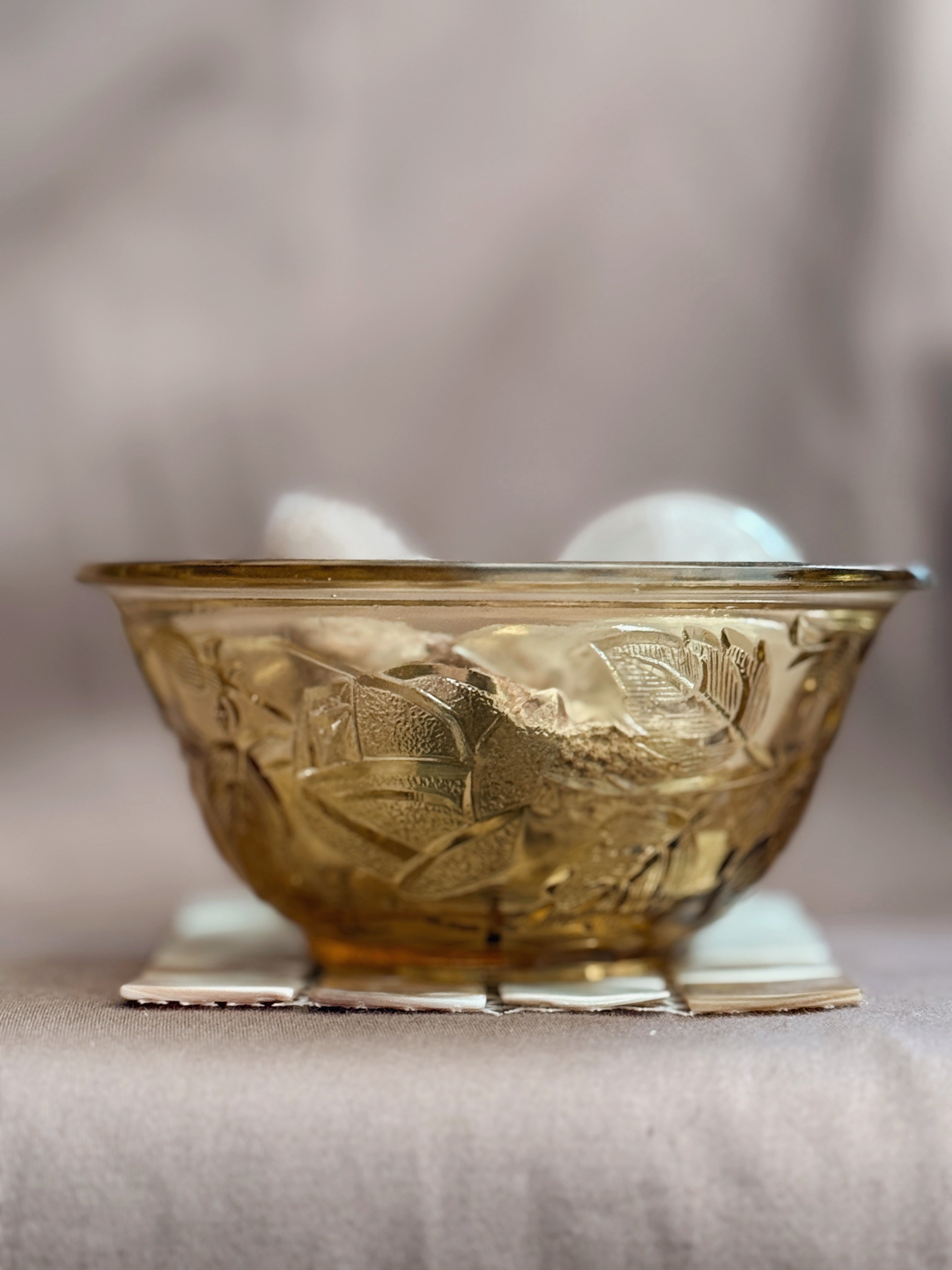 Vintage Amber Glass Floral Trinket Bowl