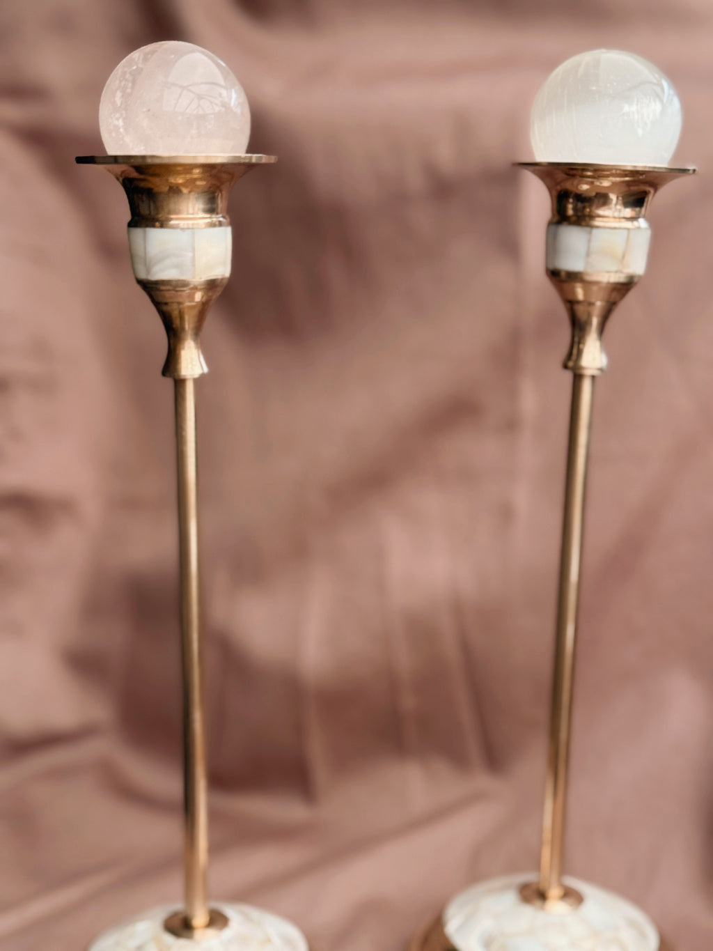 Vintage Pair of Brass + Mother of Pearl Candlestick Holders