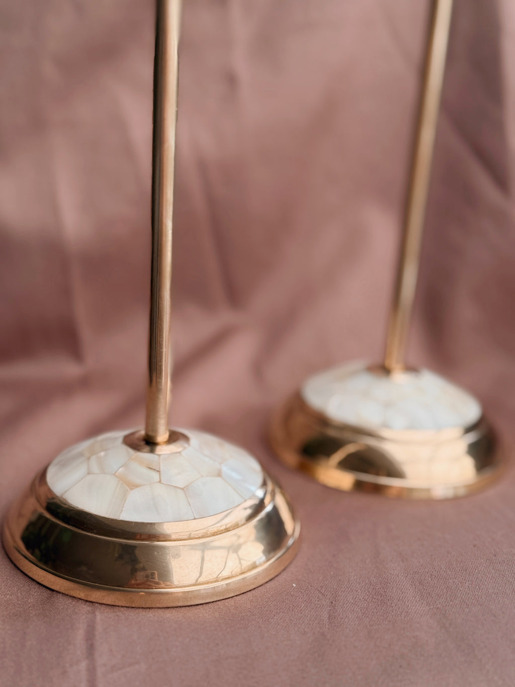 Vintage Pair of Brass + Mother of Pearl Candlestick Holders