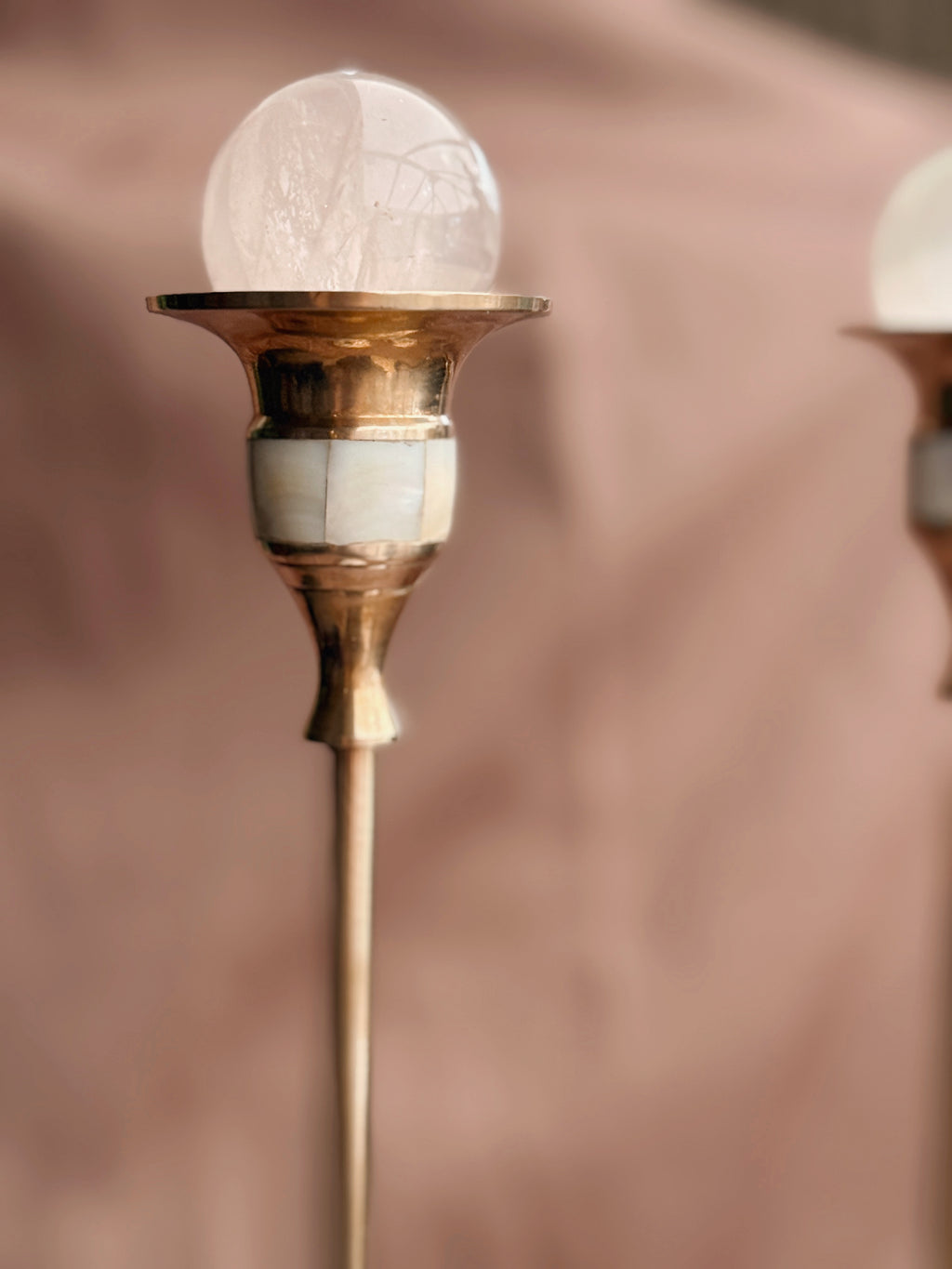 Vintage Pair of Brass + Mother of Pearl Candlestick Holders