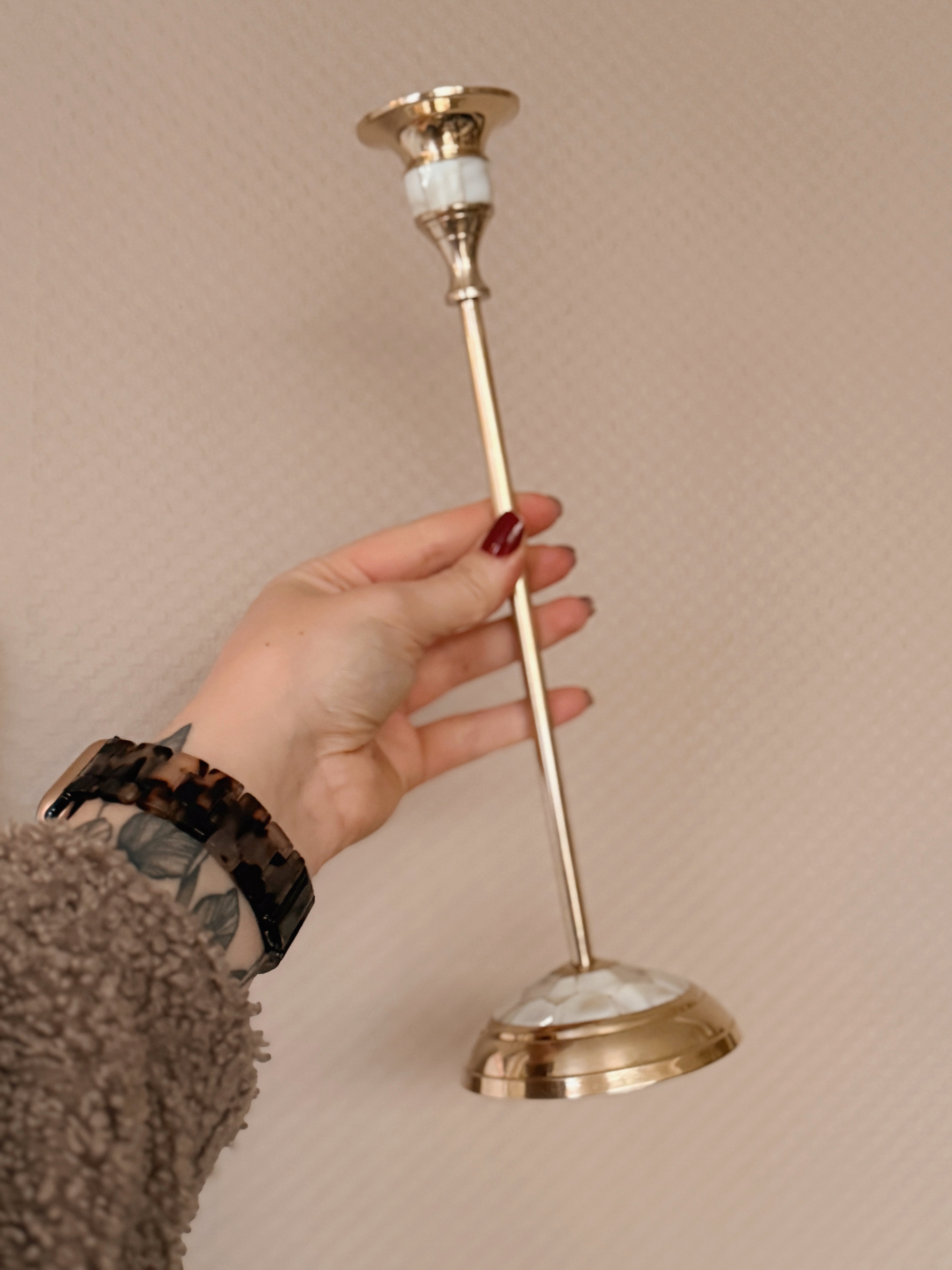 Vintage Brass + Mother of Pearl Candlestick Holder