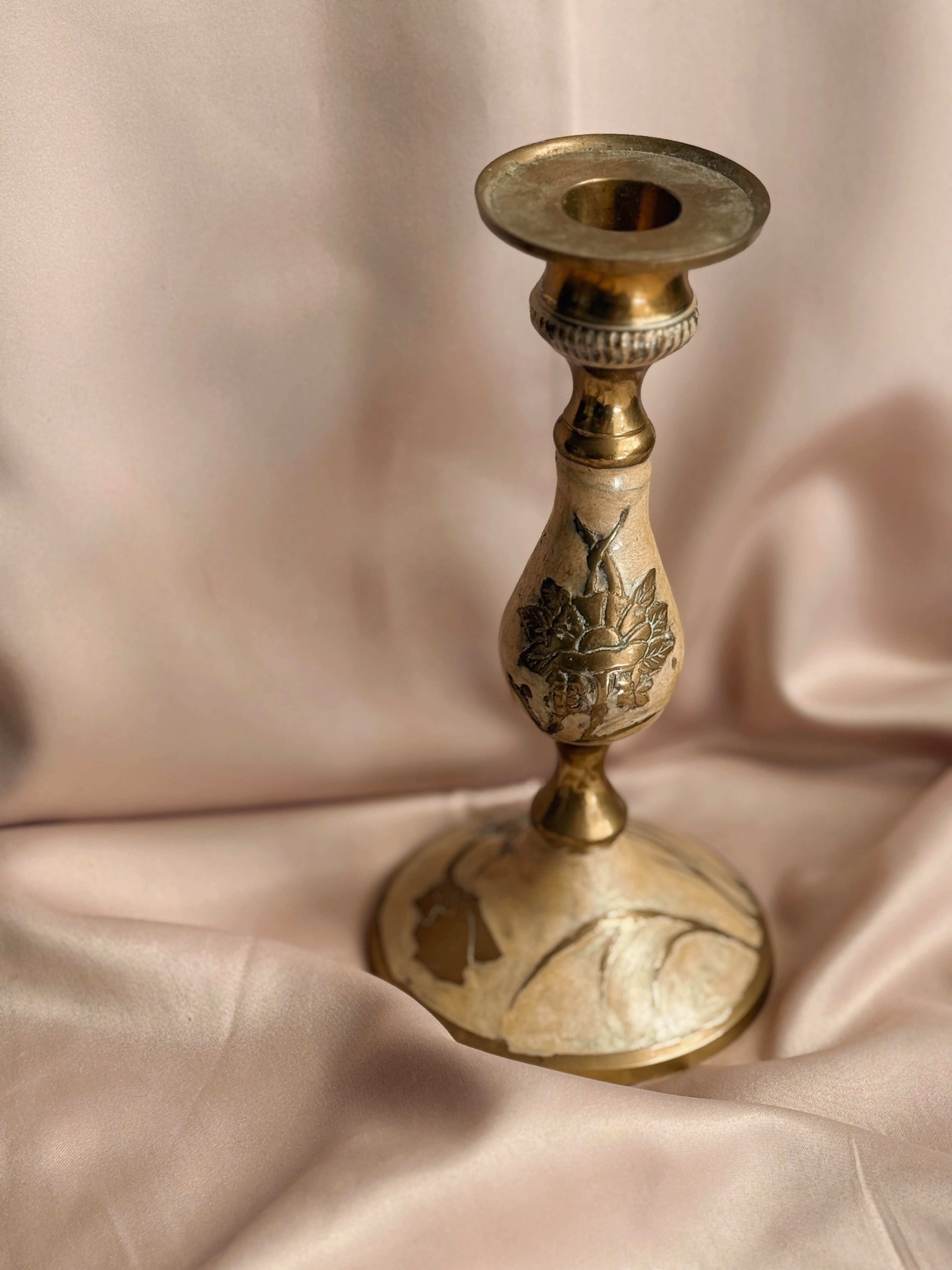 Vintage Brass + Enamel Candlestick Holder
