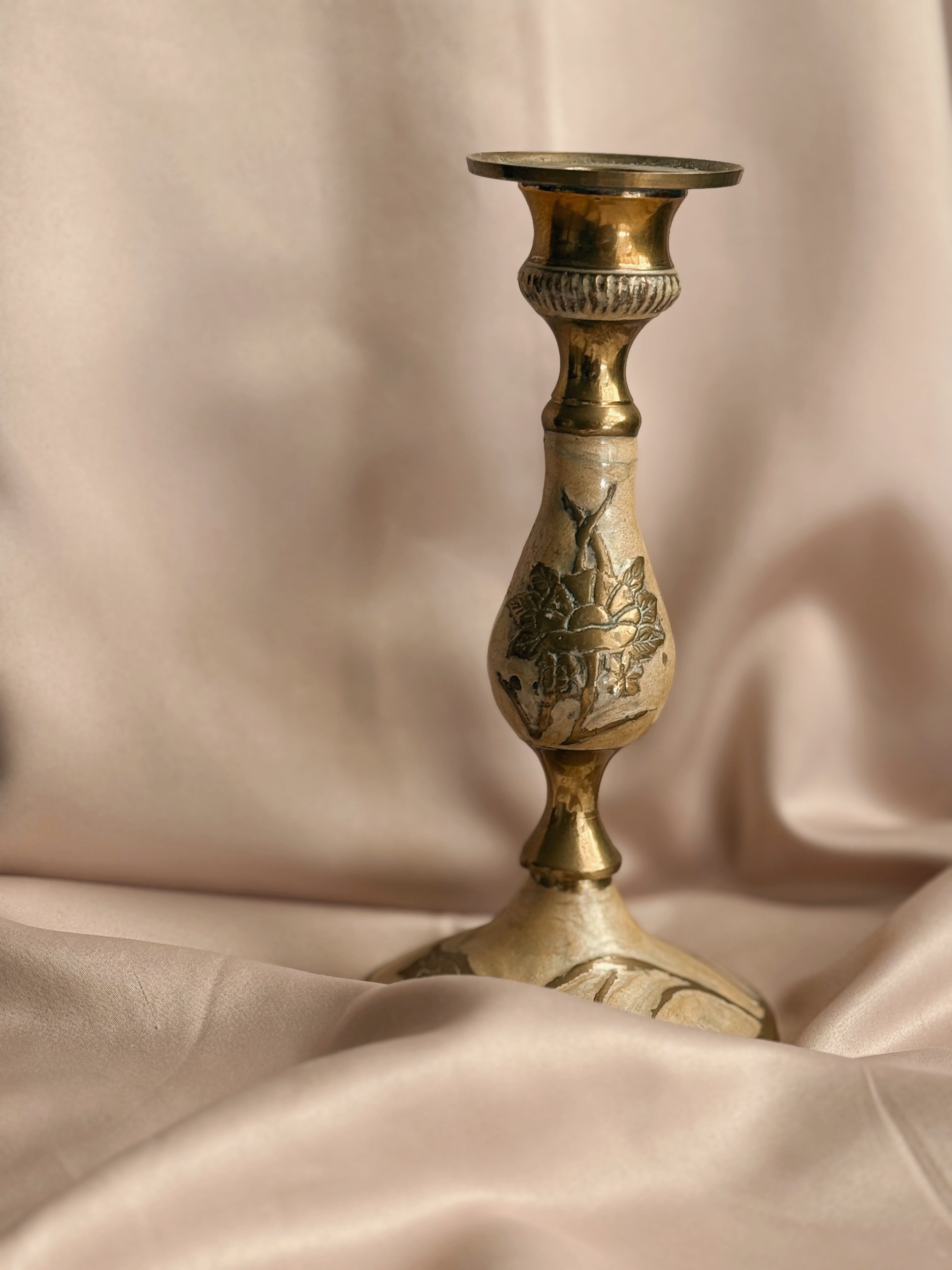 Vintage Brass + Enamel Candlestick Holder