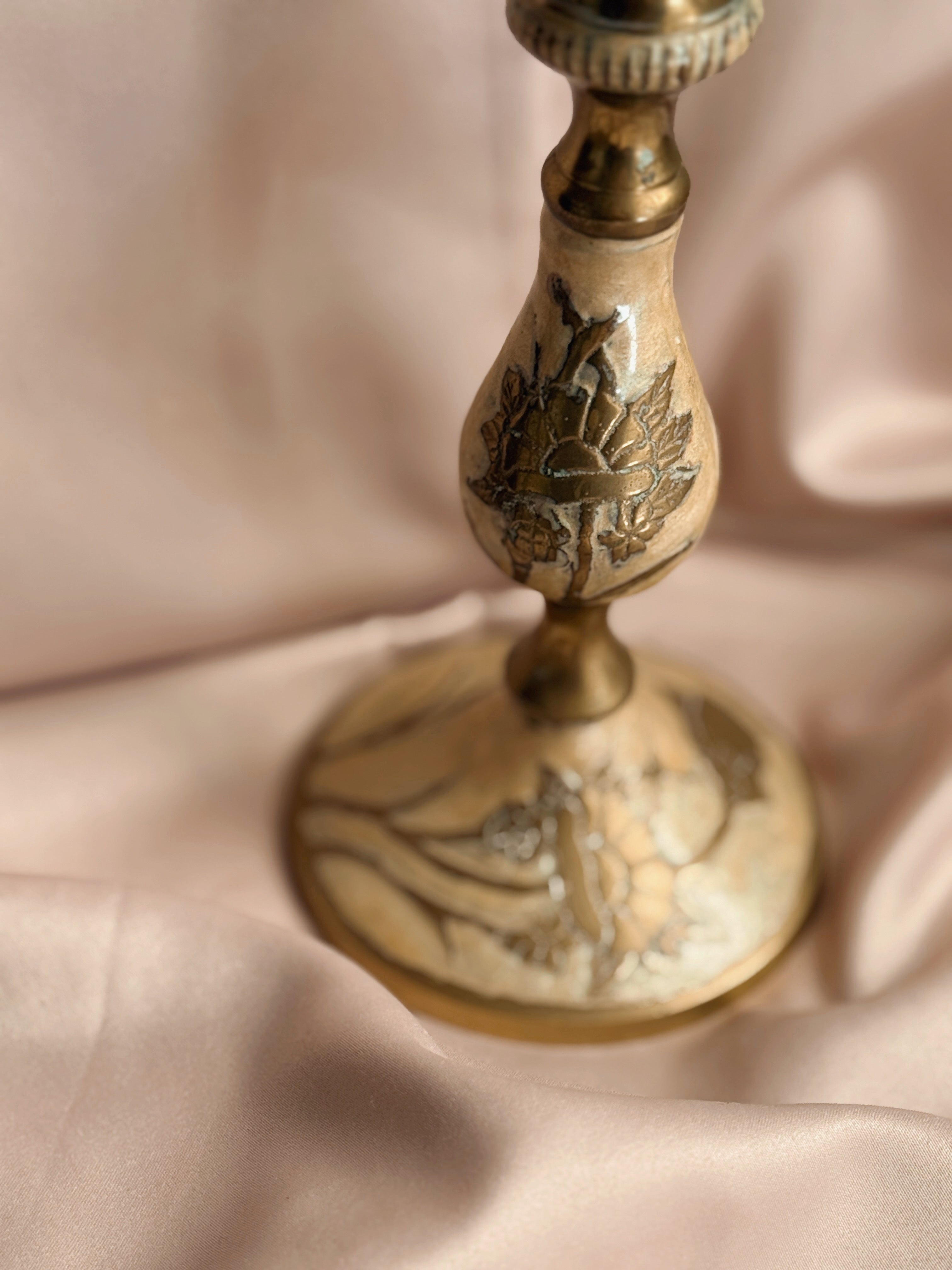 Vintage Brass + Enamel Candlestick Holder