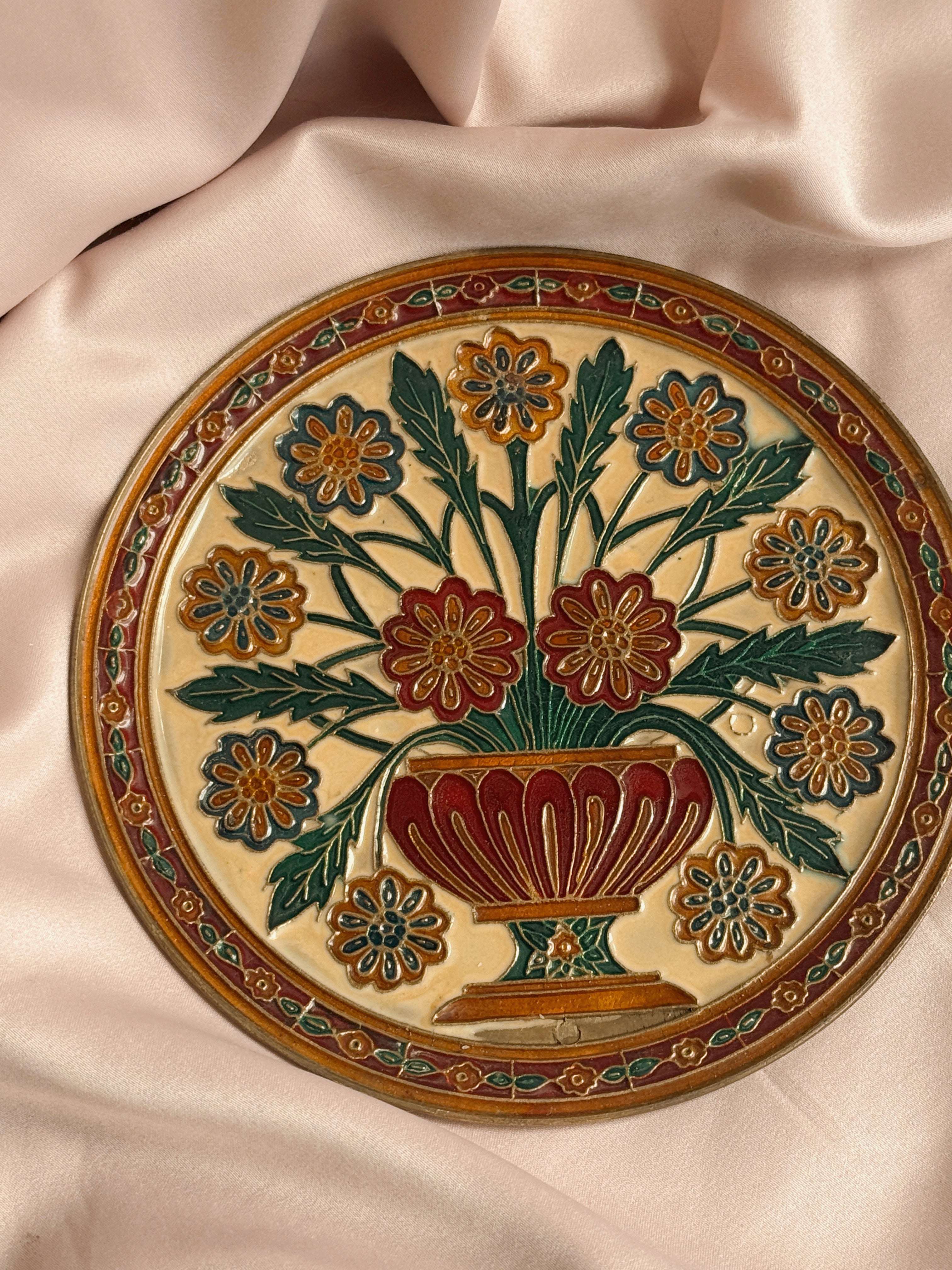 Vintage Brass + Enamel Floral Plate
