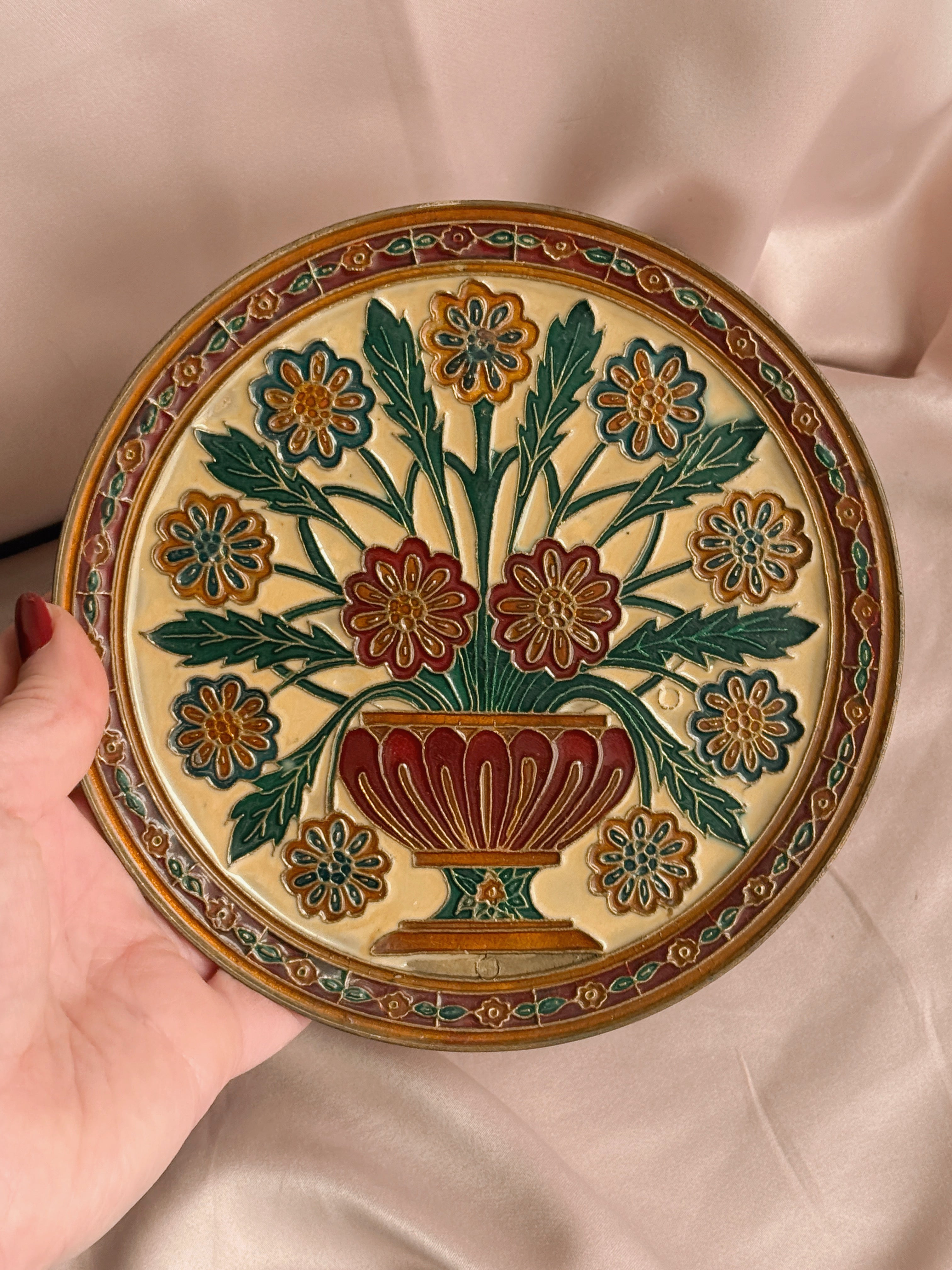 Vintage Brass + Enamel Floral Plate