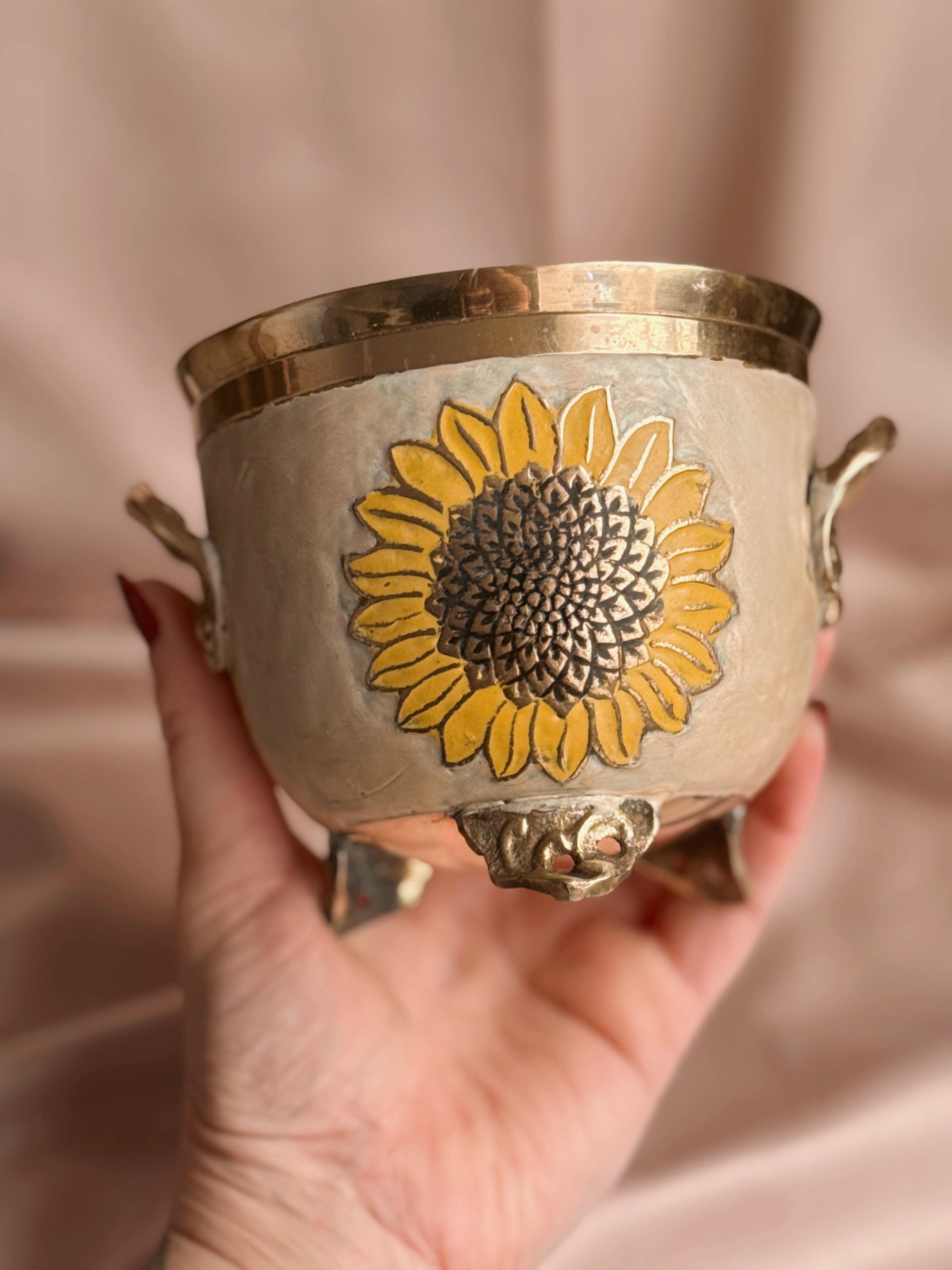 Vintage Brass Sunflower Cauldron