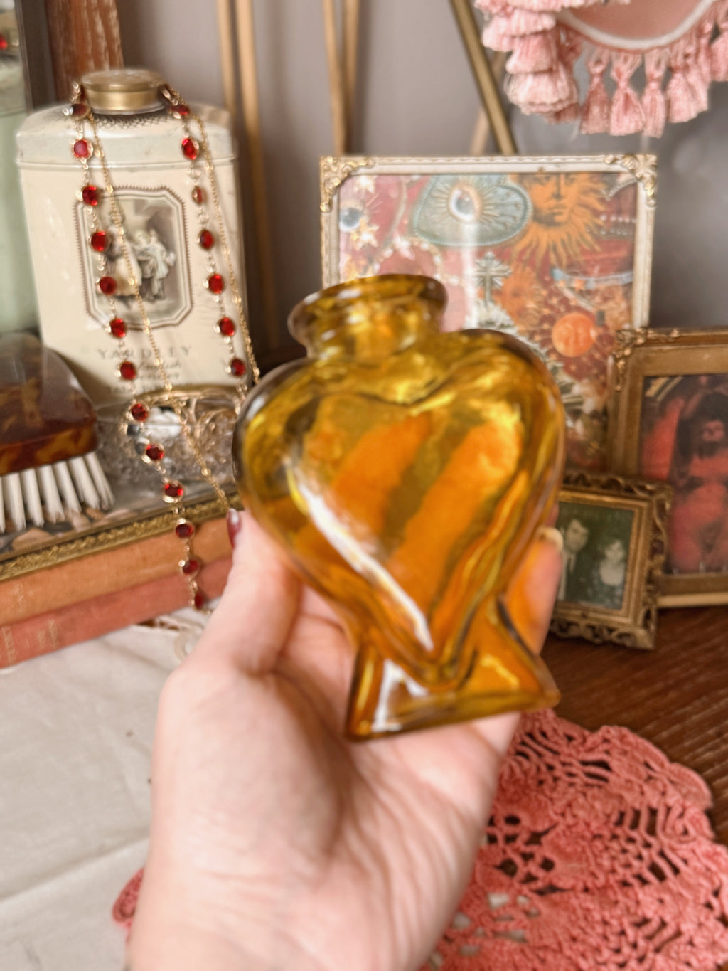 Vintage Amber Heart Jar