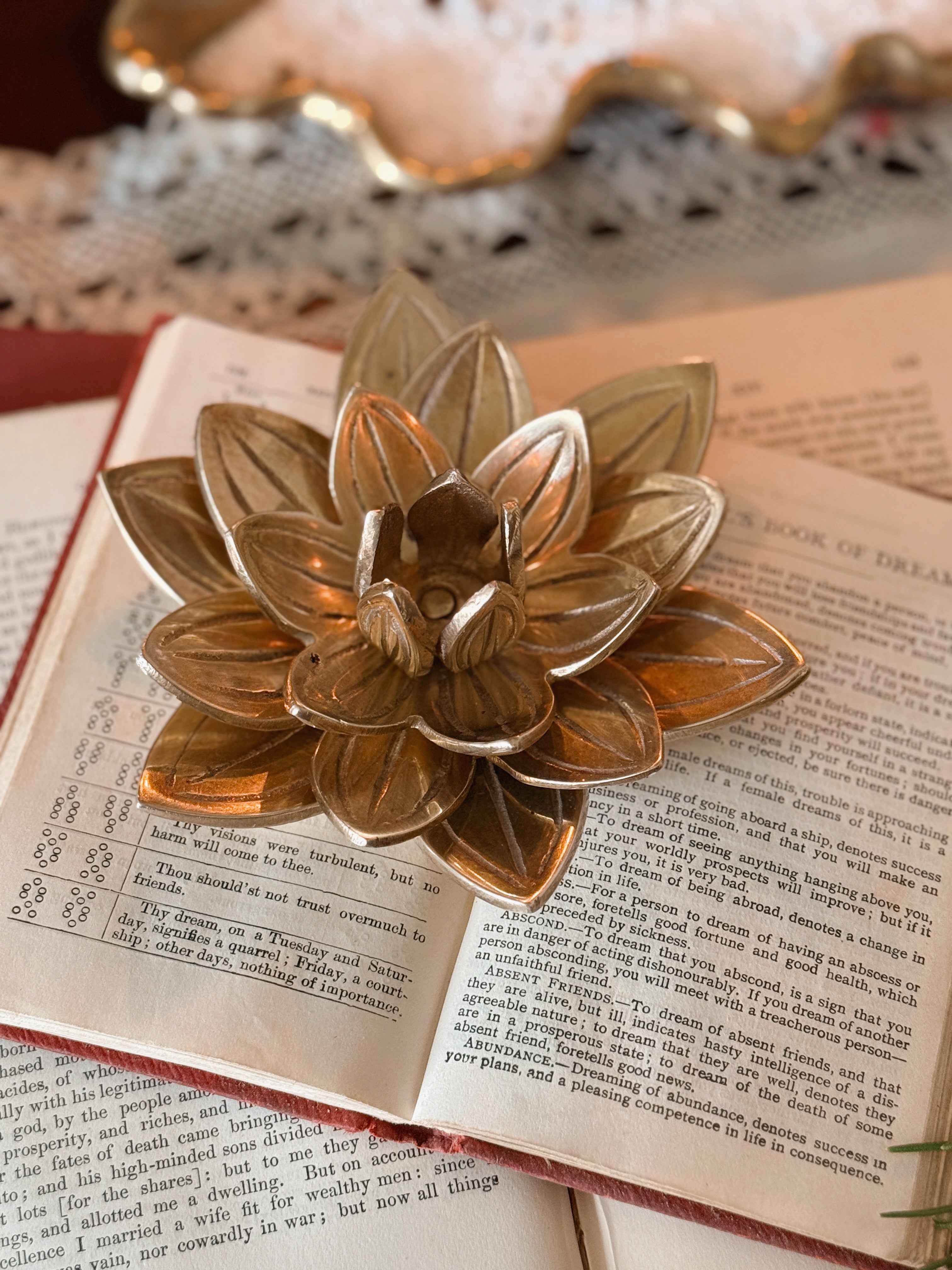 Vintage Brass Lotus Flower Candlestick Holder