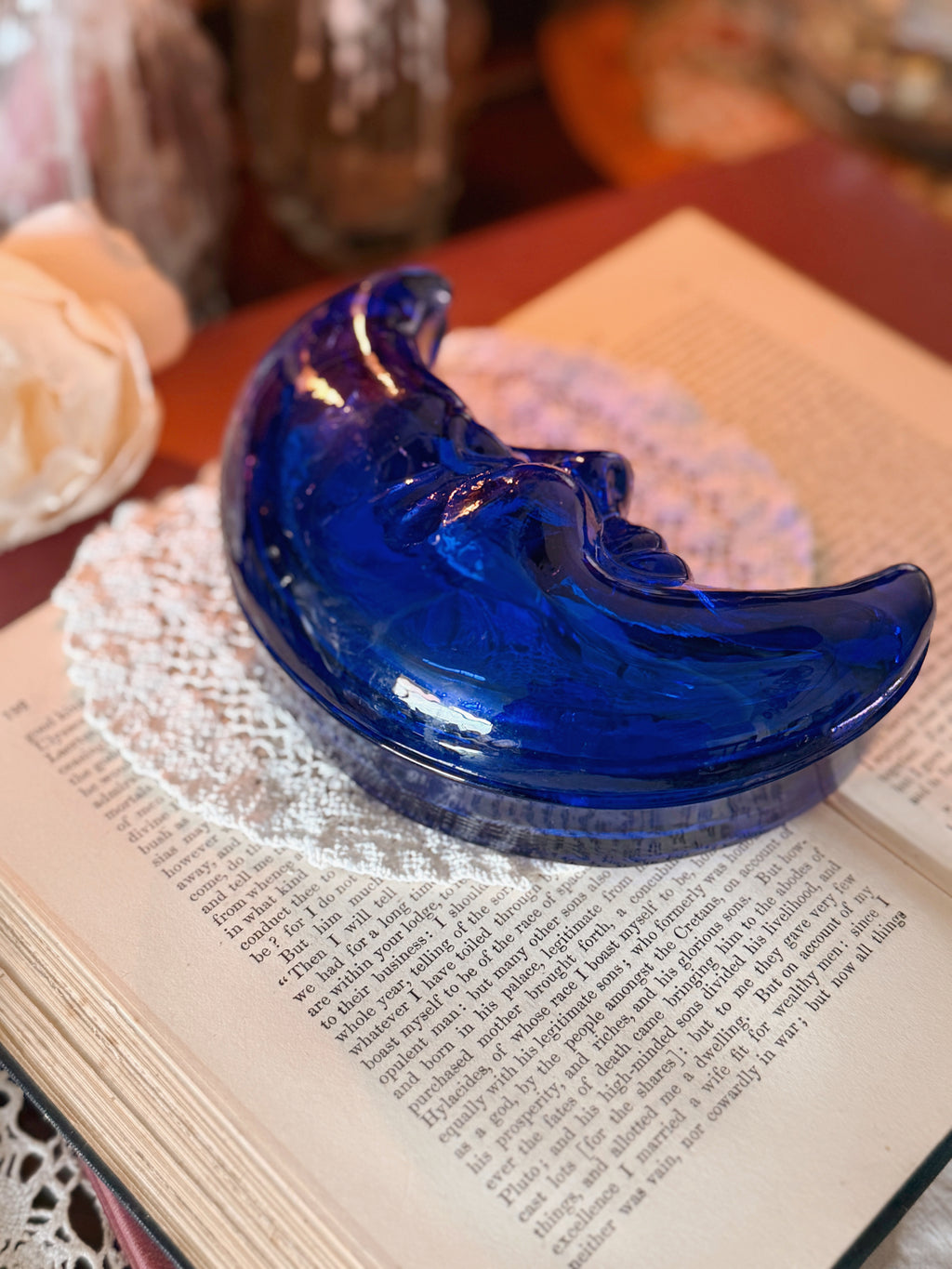 Vintage Glass Crescent Moon Trinket Pot