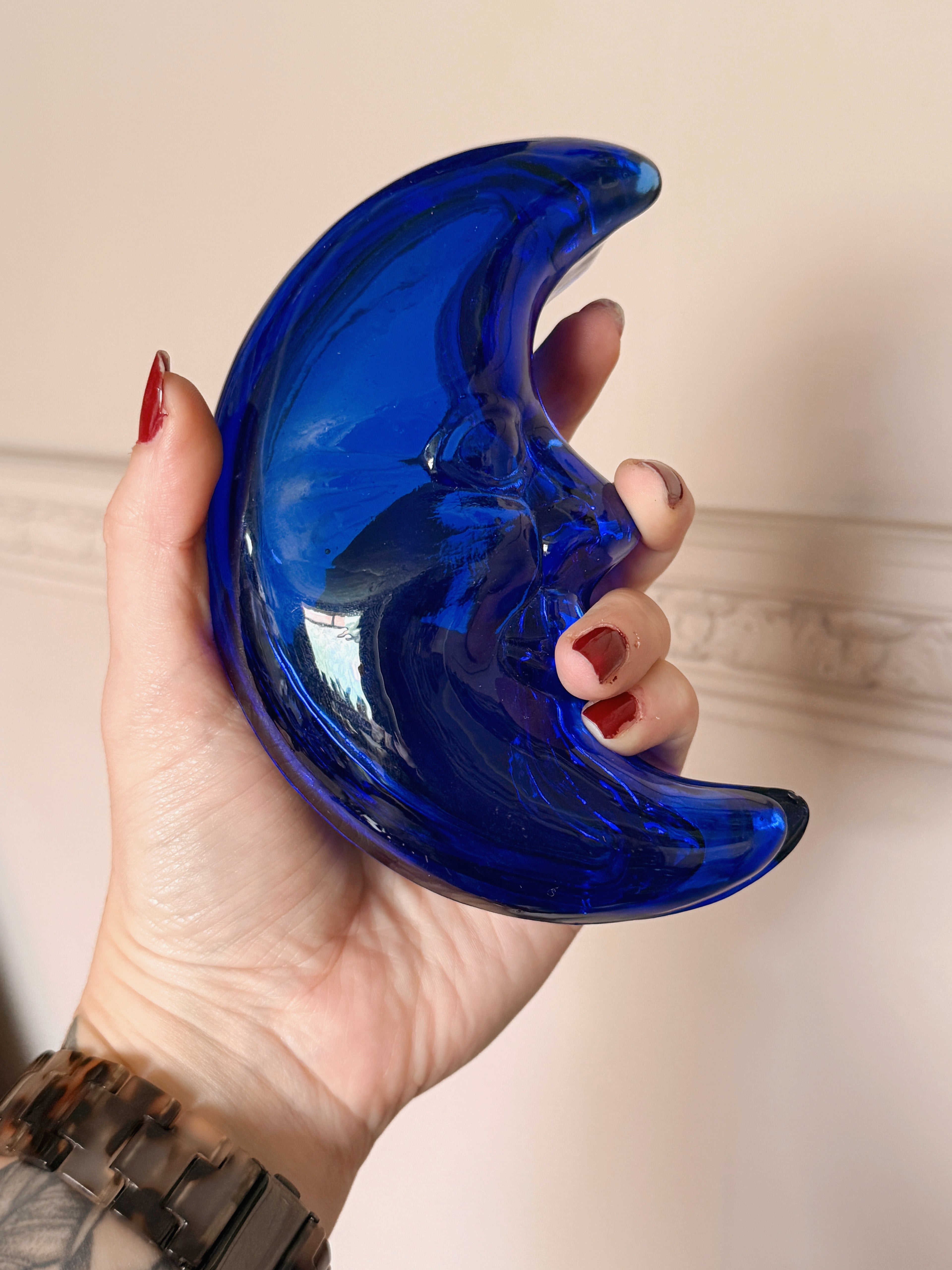 Vintage Glass Crescent Moon Trinket Pot