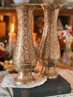 Vintage Brass + Enamel Pair of Vases