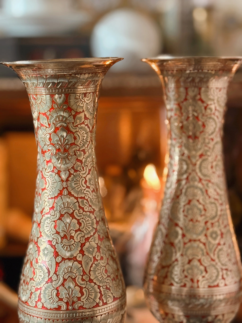 Vintage Brass + Enamel Pair of Vases
