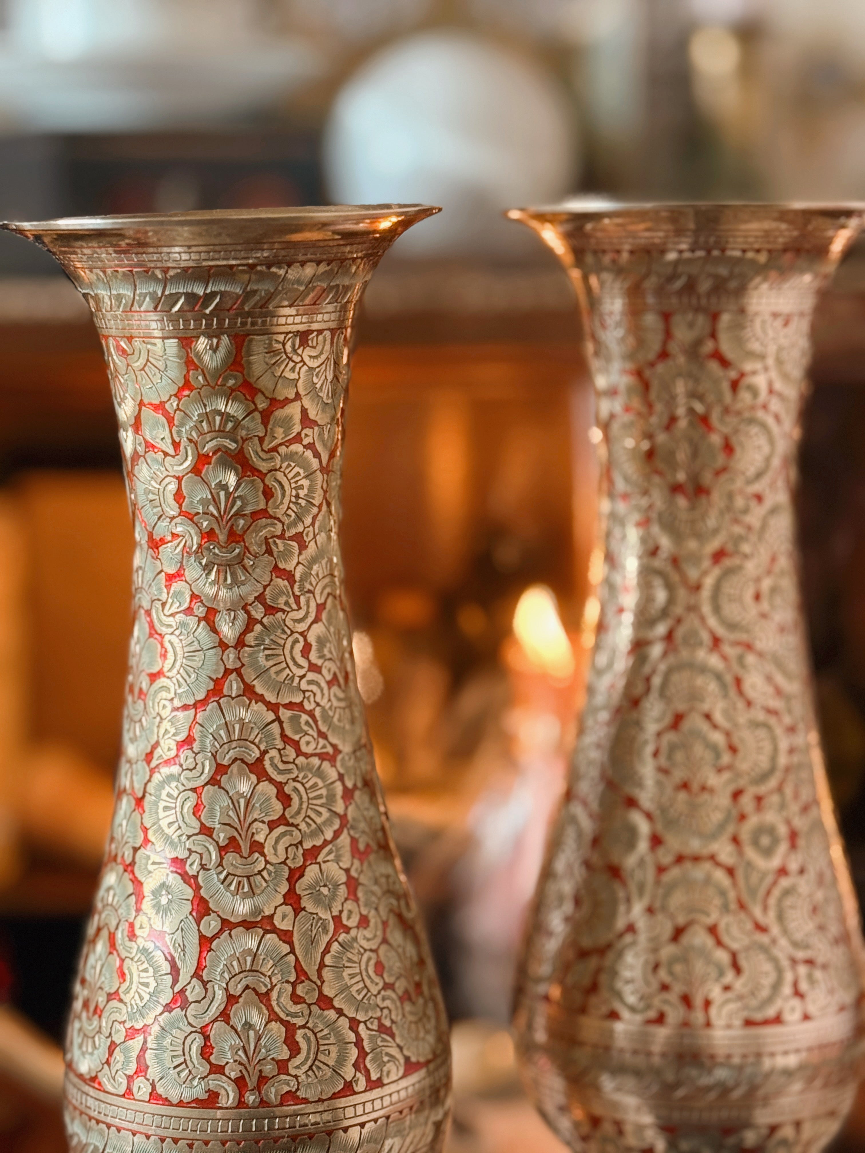 Vintage Brass + Enamel Pair of Vases