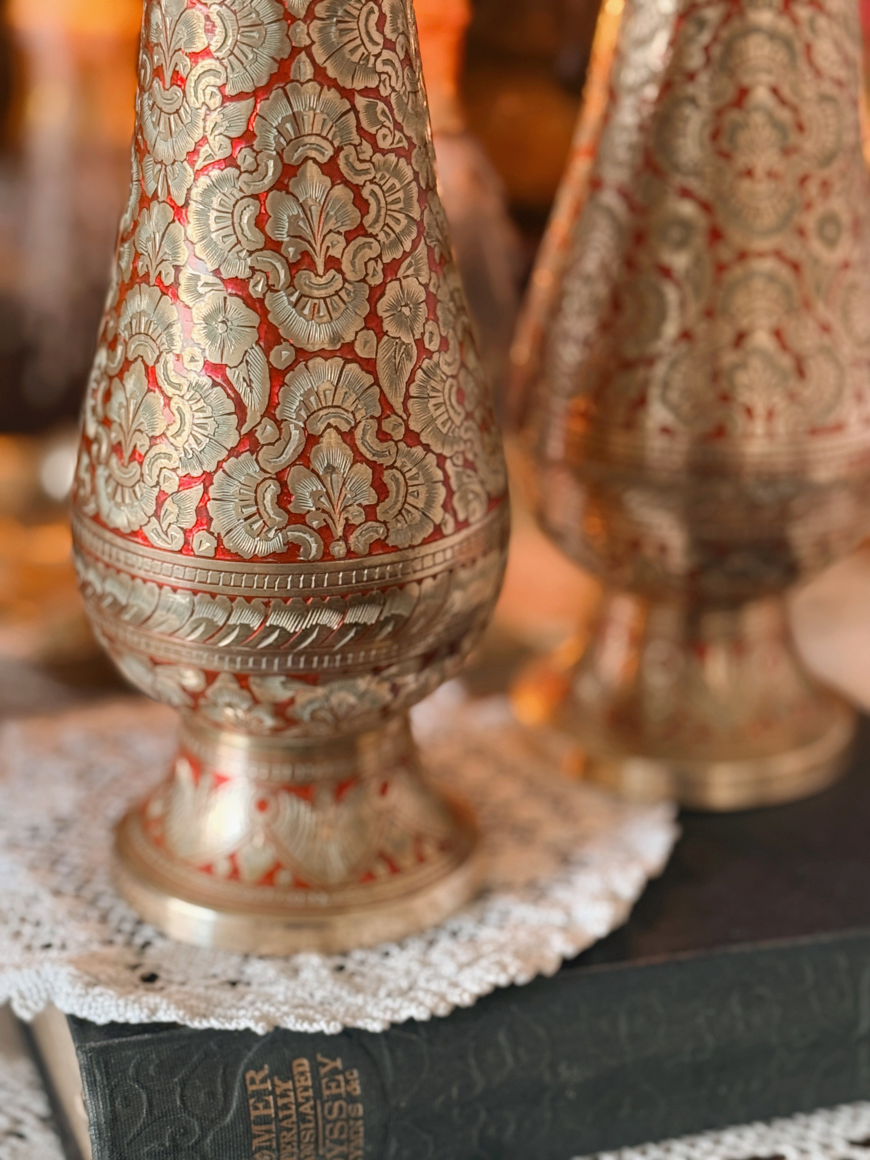 Vintage Brass + Enamel Pair of Vases