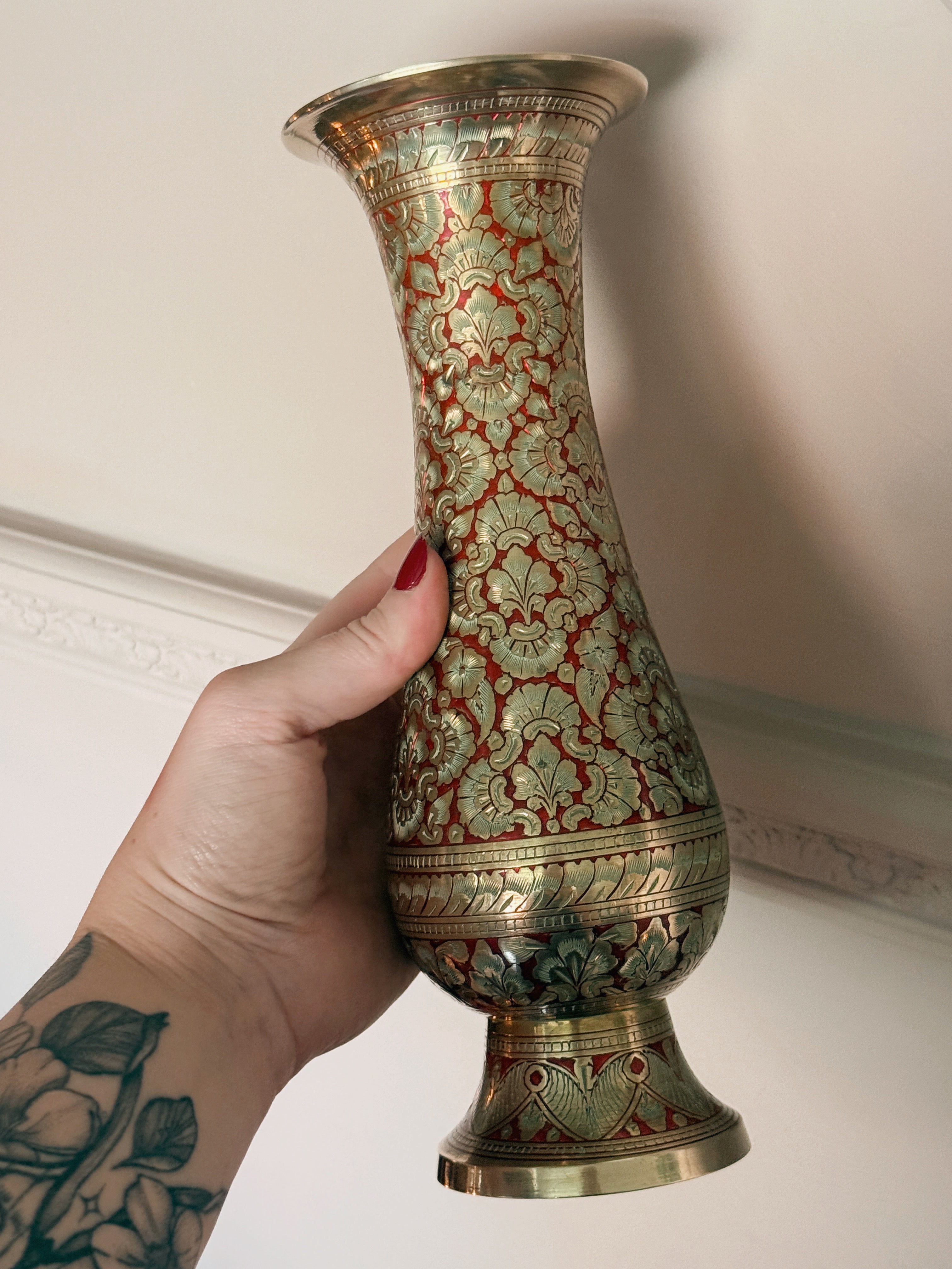 Vintage Brass + Enamel Pair of Vases