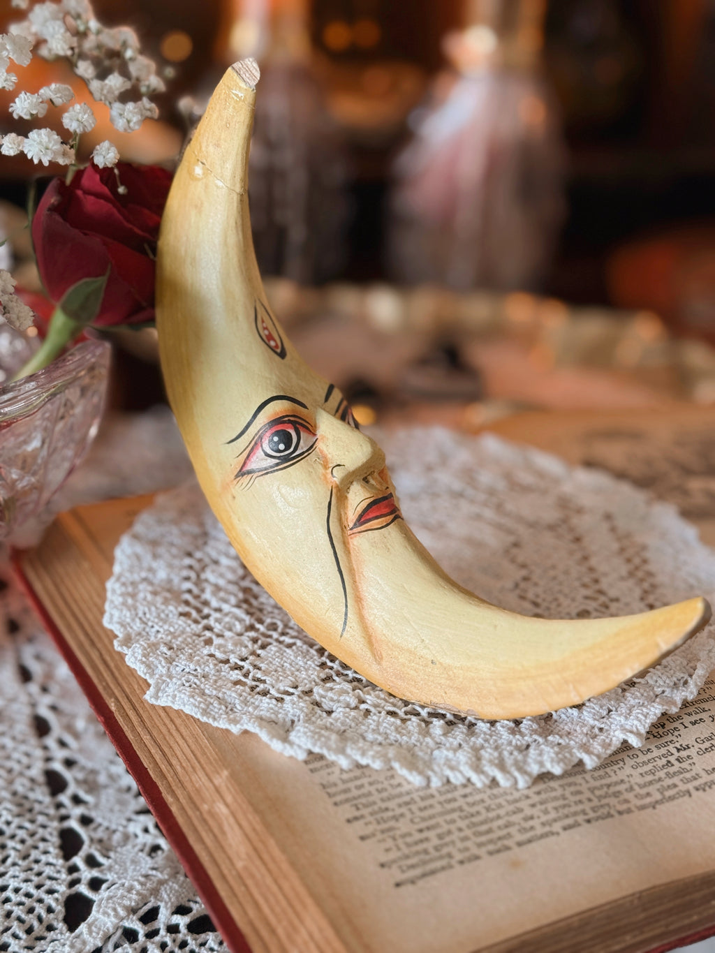 Vintage Wood Crescent Moon Ornament