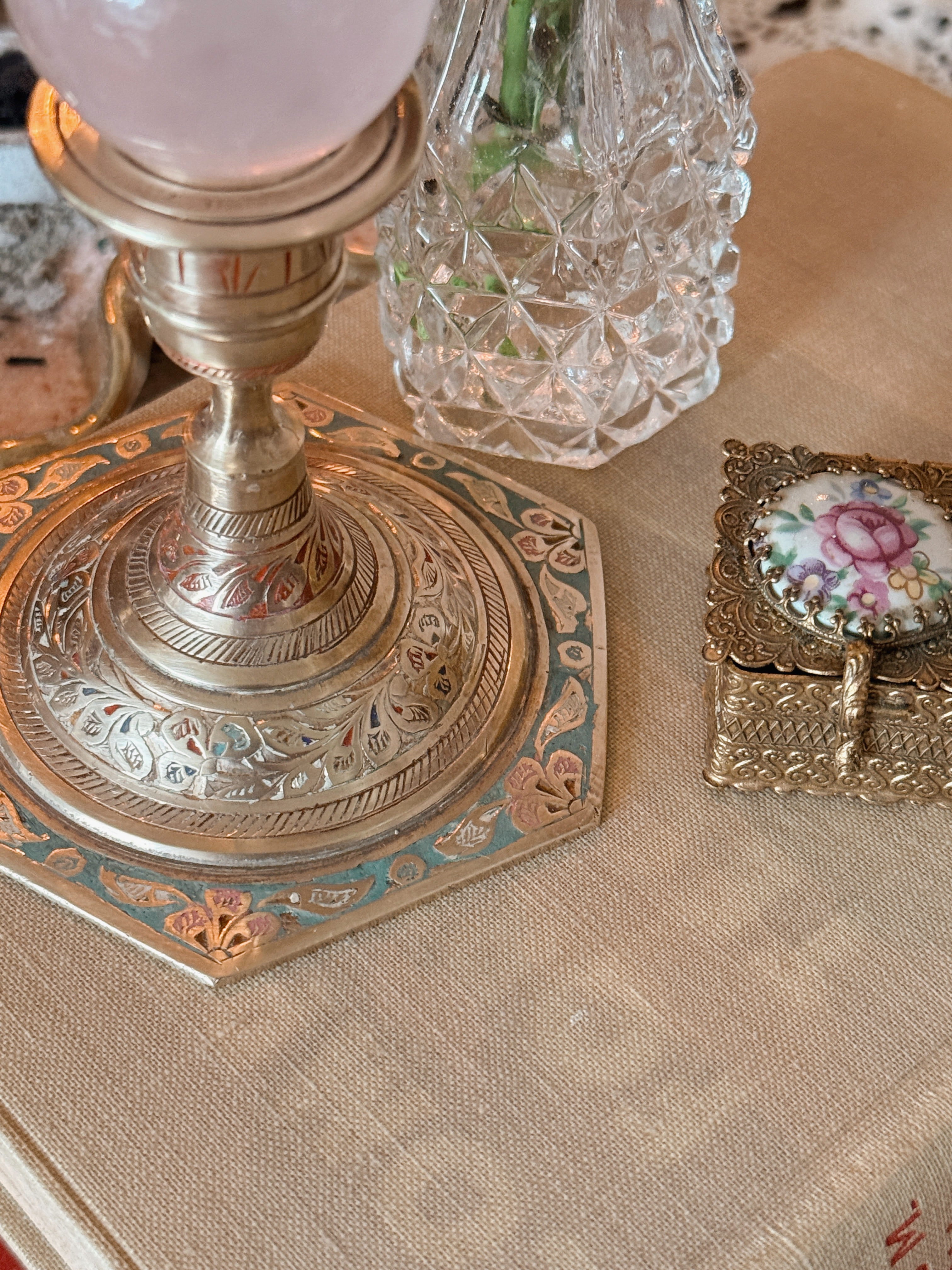 Vintage Brass + Enamel Candlestick Holder