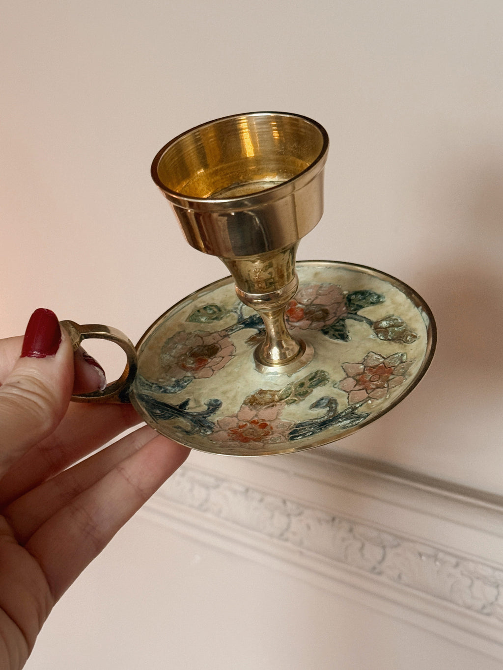Vintage Brass + Enamel Candlestick Holder
