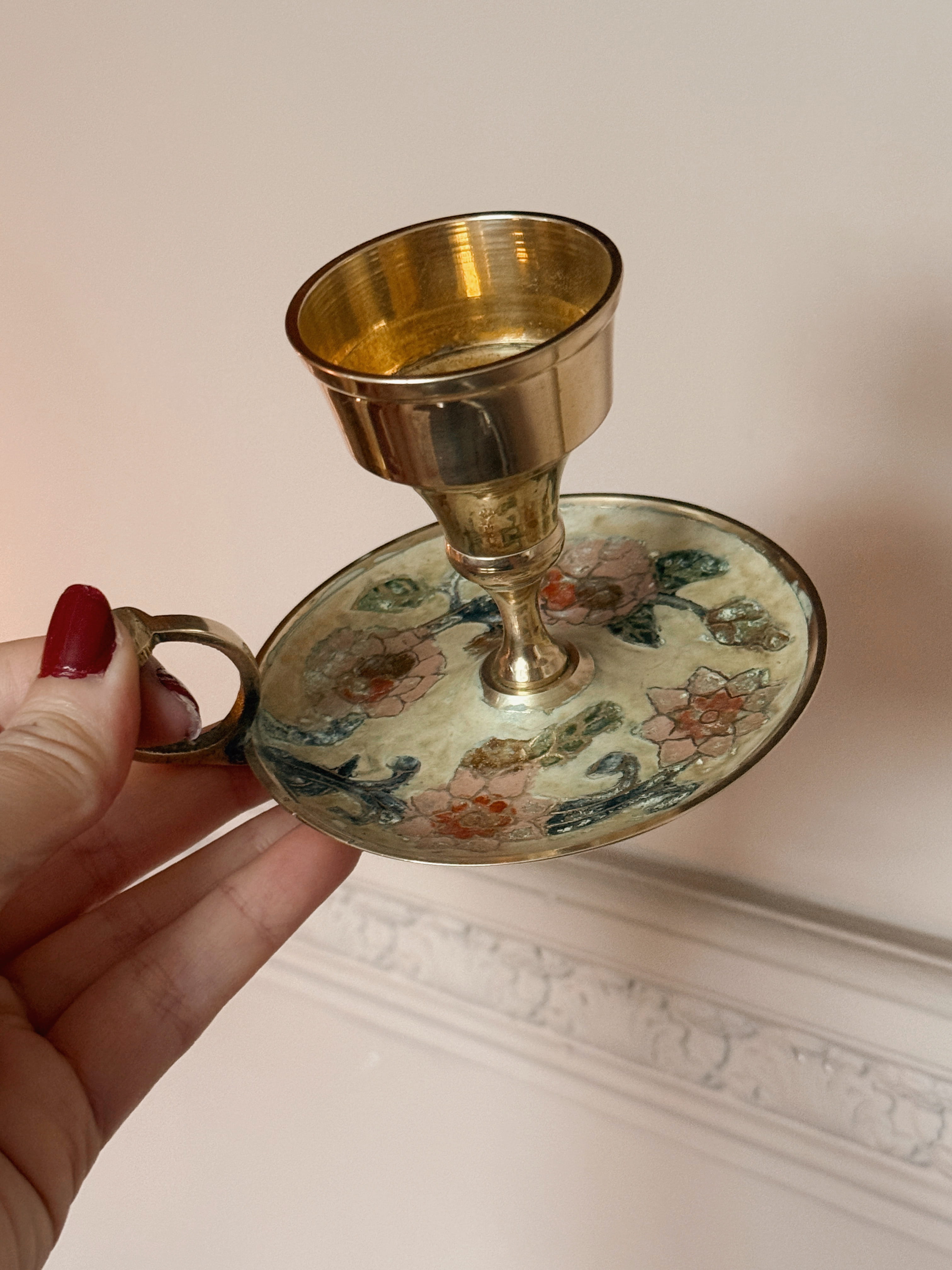Vintage Brass + Enamel Candlestick Holder