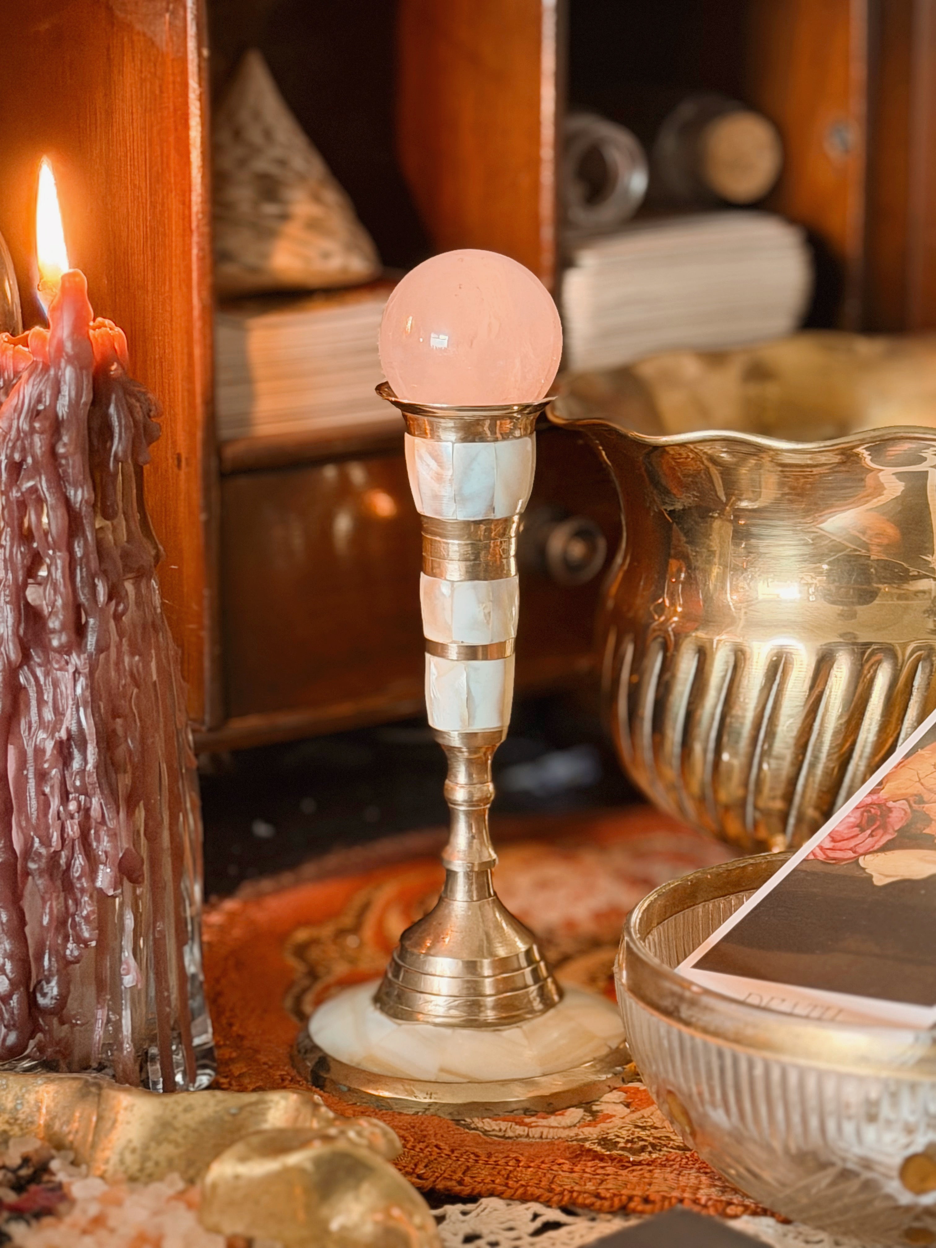 Vintage Brass + Mother of Pearl Candlestick Holder