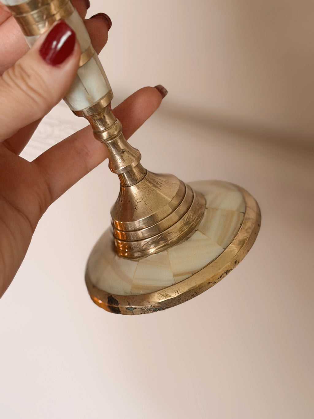 Vintage Brass + Mother of Pearl Candlestick Holder