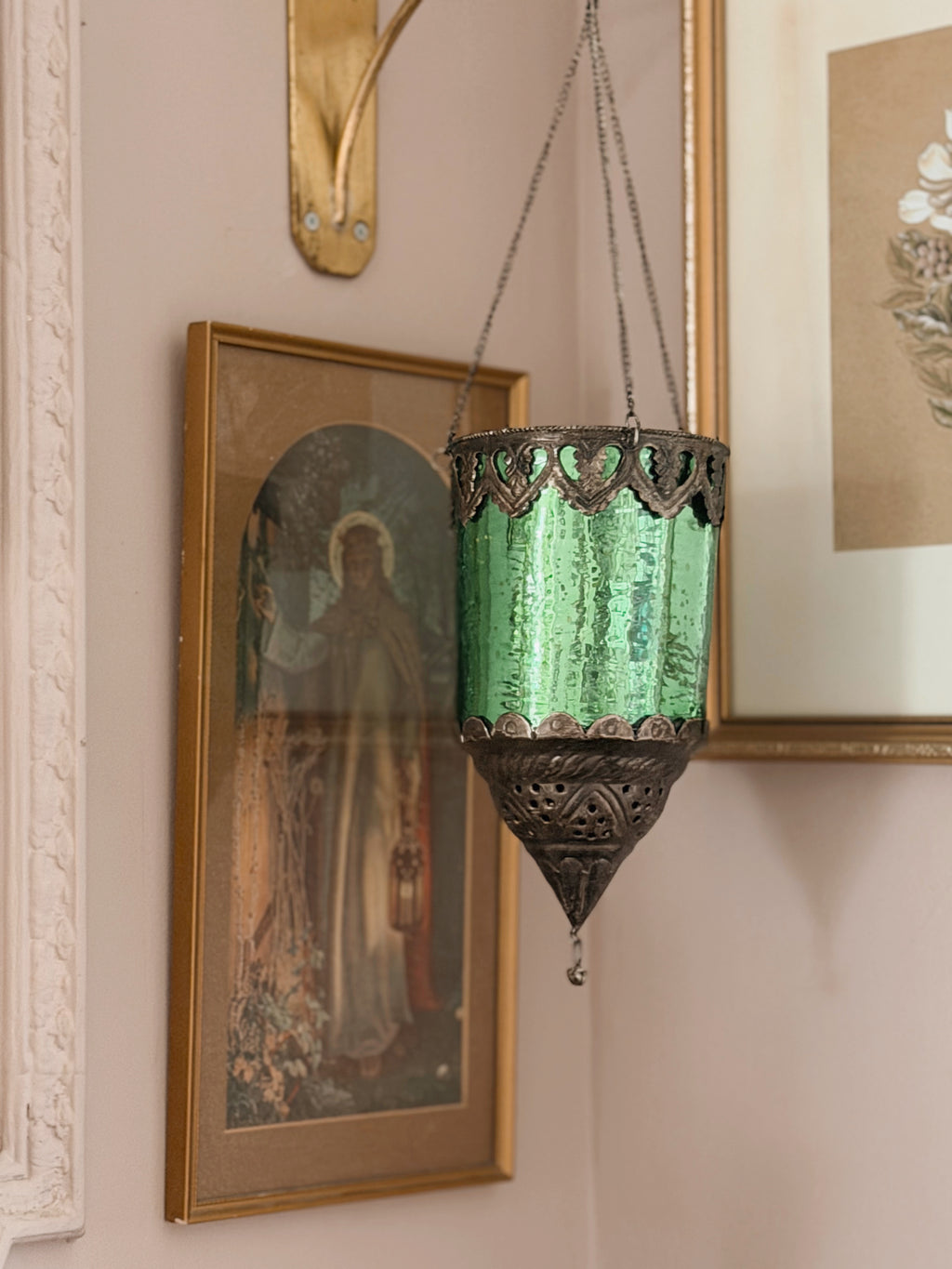 Vintage Green Glass Hanging Lantern (UK ONLY)