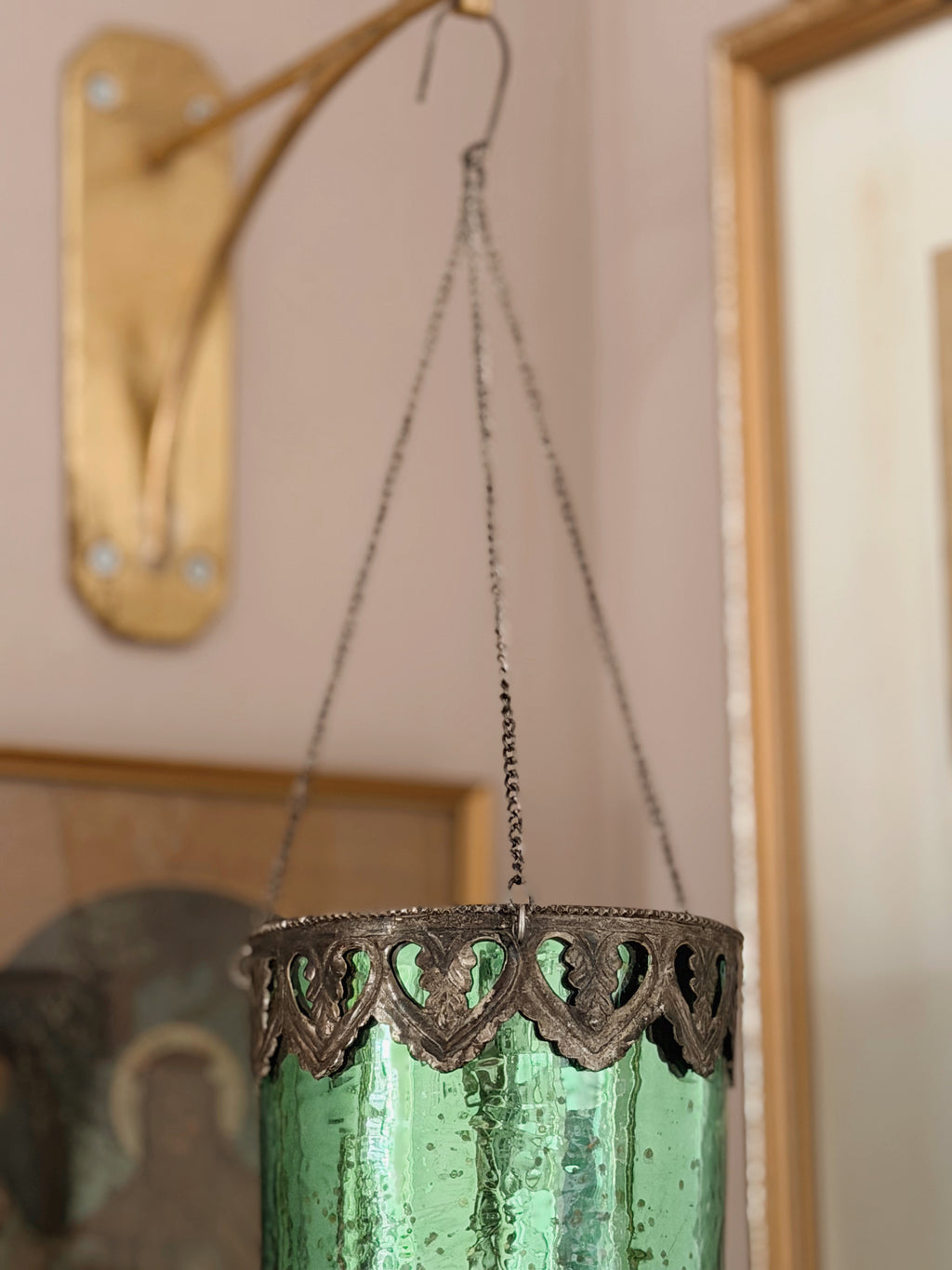 Vintage Green Glass Hanging Lantern (UK ONLY)