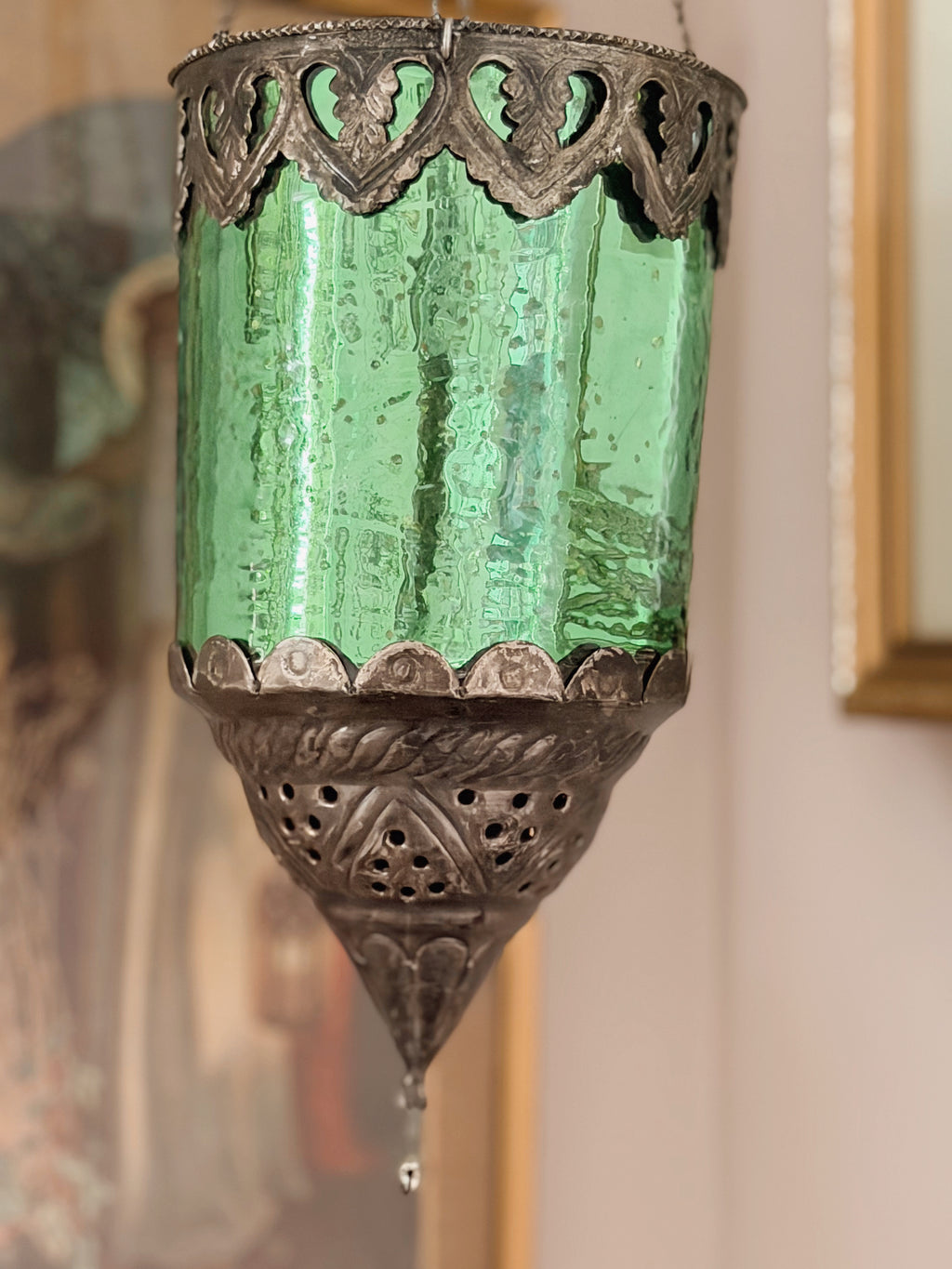 Vintage Green Glass Hanging Lantern (UK ONLY)