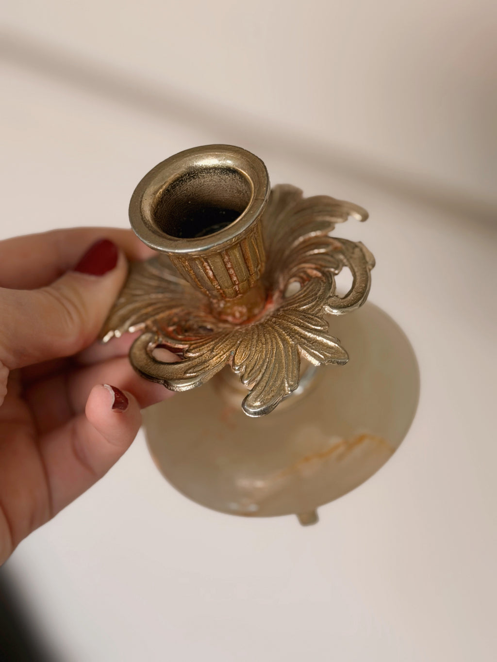 Vintage Onyx + Brass Candlestick Holder